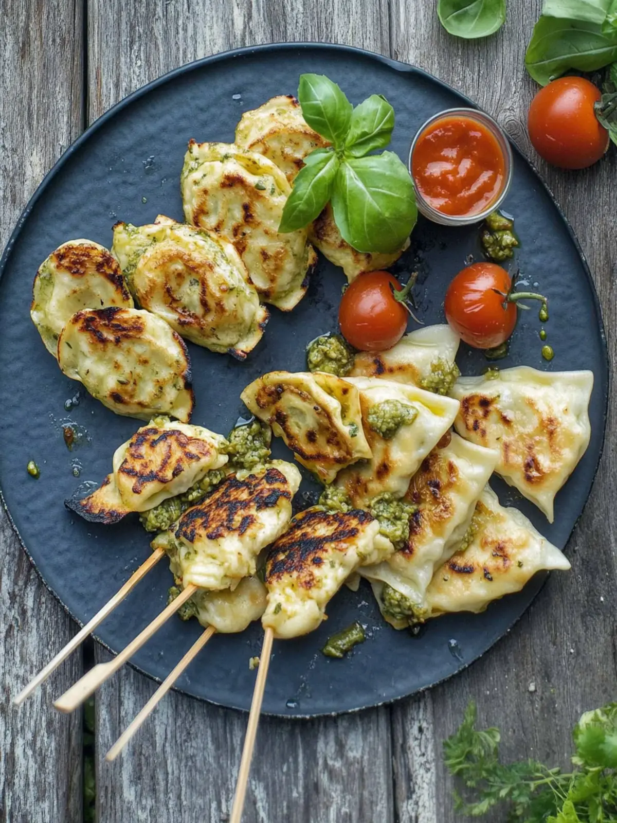 Genussvolle Gegrillte Maultaschen-Spieße mit frischem Pesto 3 Gegrillte Maultaschen-Spieße