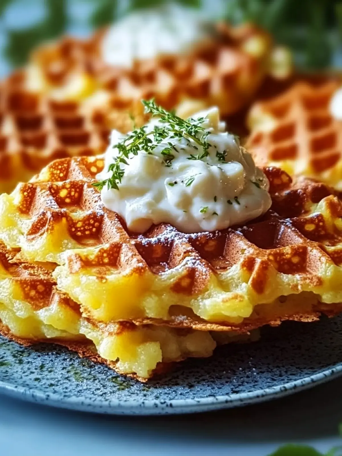 Knusprige Kartoffel-Käse-Waffeln mit Sauerrahm zum Verlieben 4 Crispy Potato Cheese Waffles with Sour Cream