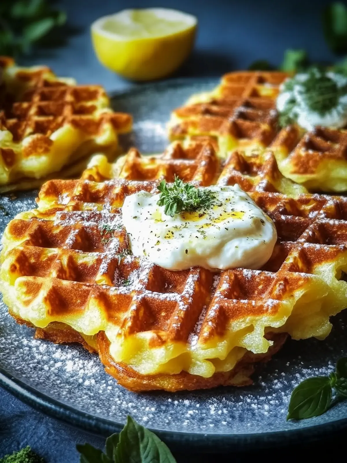 Knusprige Kartoffel-Käse-Waffeln mit Sauerrahm zum Verlieben 5 Crispy Potato Cheese Waffles with Sour Cream