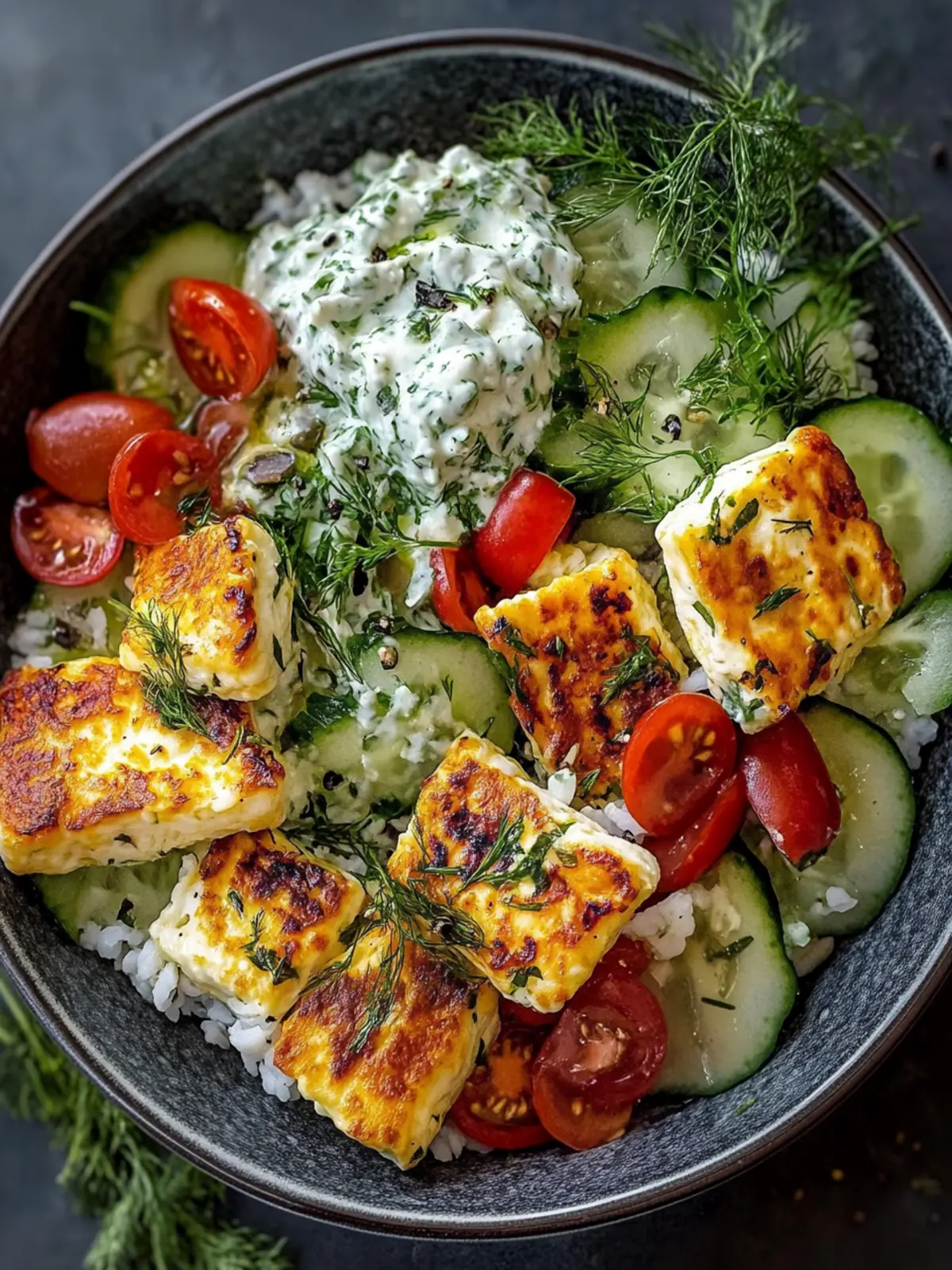 Halloumi-Schüssel mit Reis und Tzatziki – Gesund und Lecker! 4 Halloumi-Schüssel mit Reis und Tzatziki