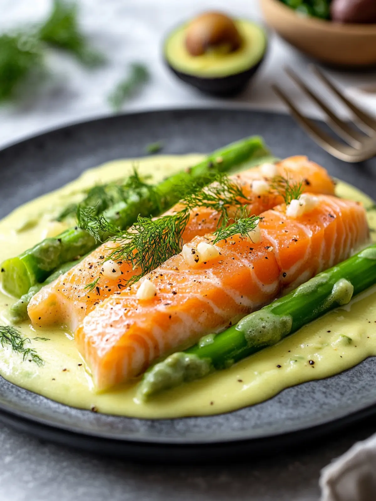 Spargel mit Lachs auf Avocado-Hollandaise