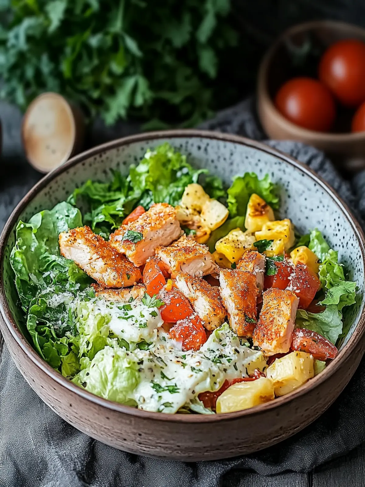 Kalorienarmes Mittagessen: Caesar Hähnchen Bowl frisch und lecker 2 kalorienarmes Mittagessen Caesar Hähnchen Bowl