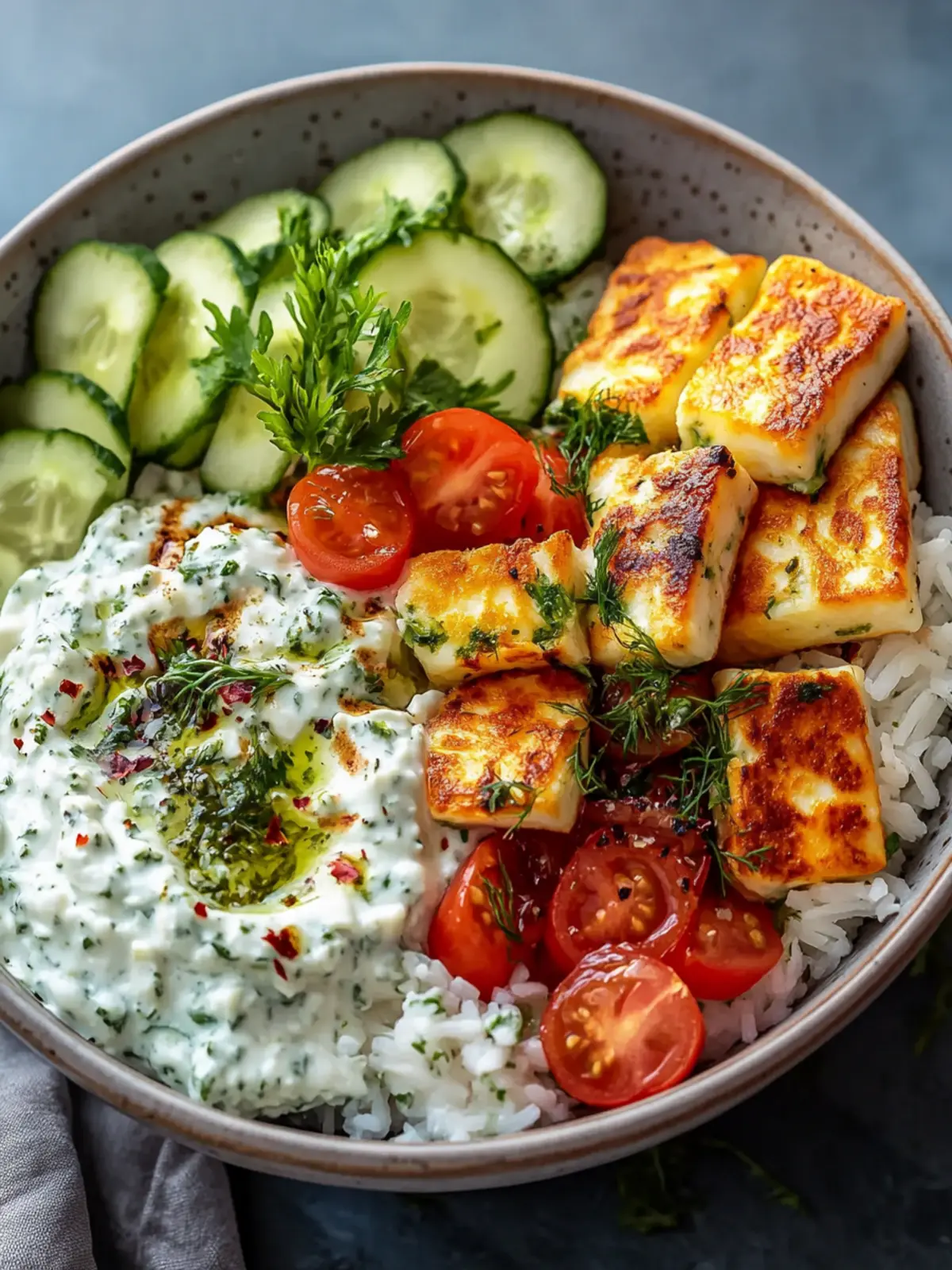 Halloumi-Schüssel mit Reis und Tzatziki – Gesund und Lecker! 2 Halloumi-Schüssel mit Reis und Tzatziki
