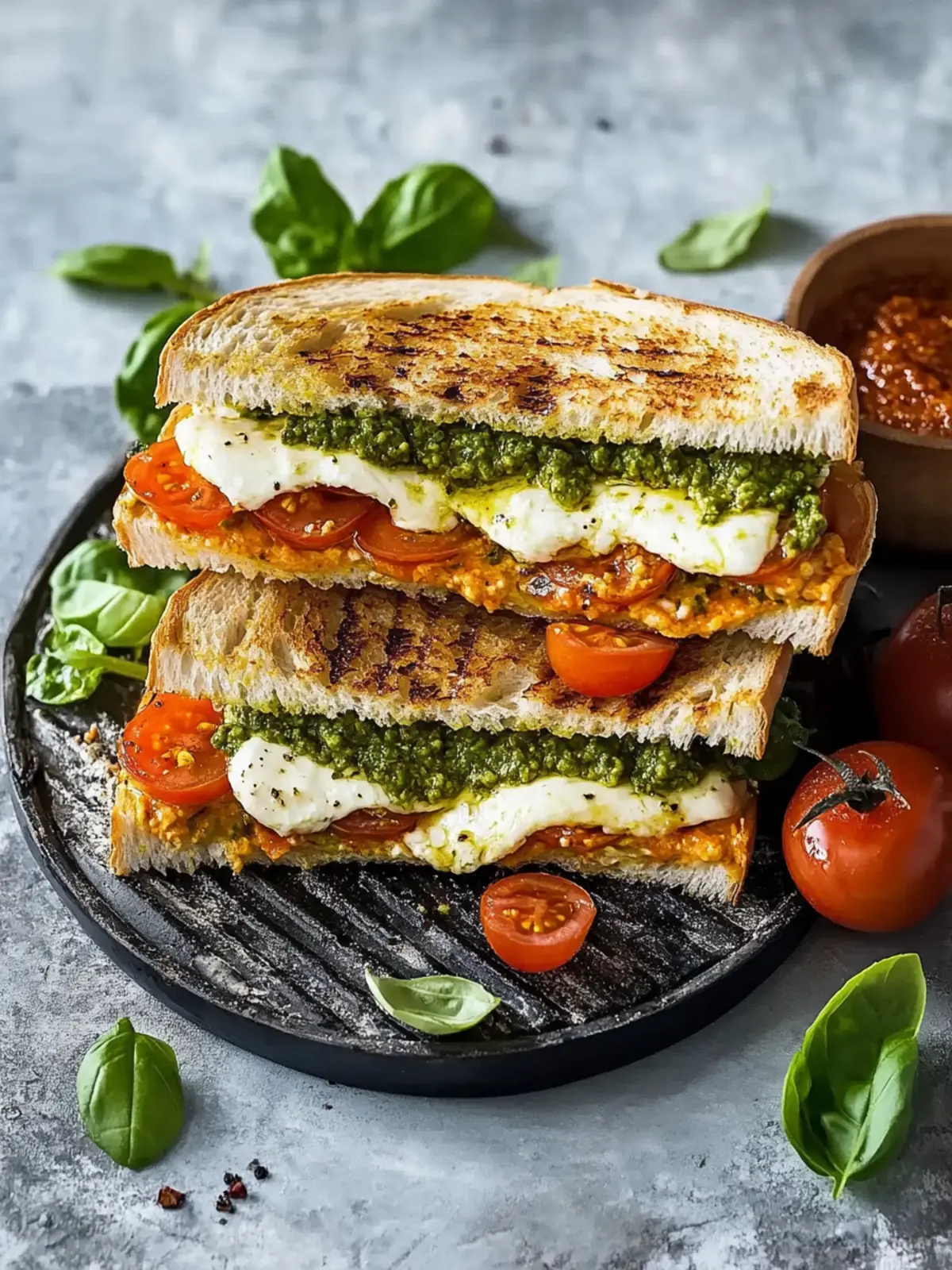 Pesto-Sandwich mit Mozzarella vom Kontaktgrill: Knuspriger Genuss 2 Pesto-Sandwich mit Mozzarella vom Kontaktgrill