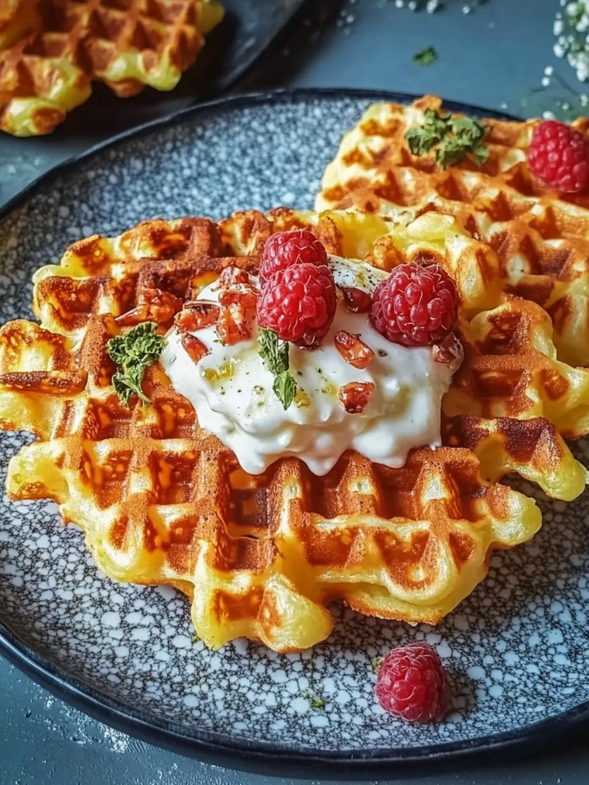 Knusprige Kartoffel-Käse-Waffeln mit Sauerrahm zum Verlieben 2 Crispy Potato Cheese Waffles with Sour Cream