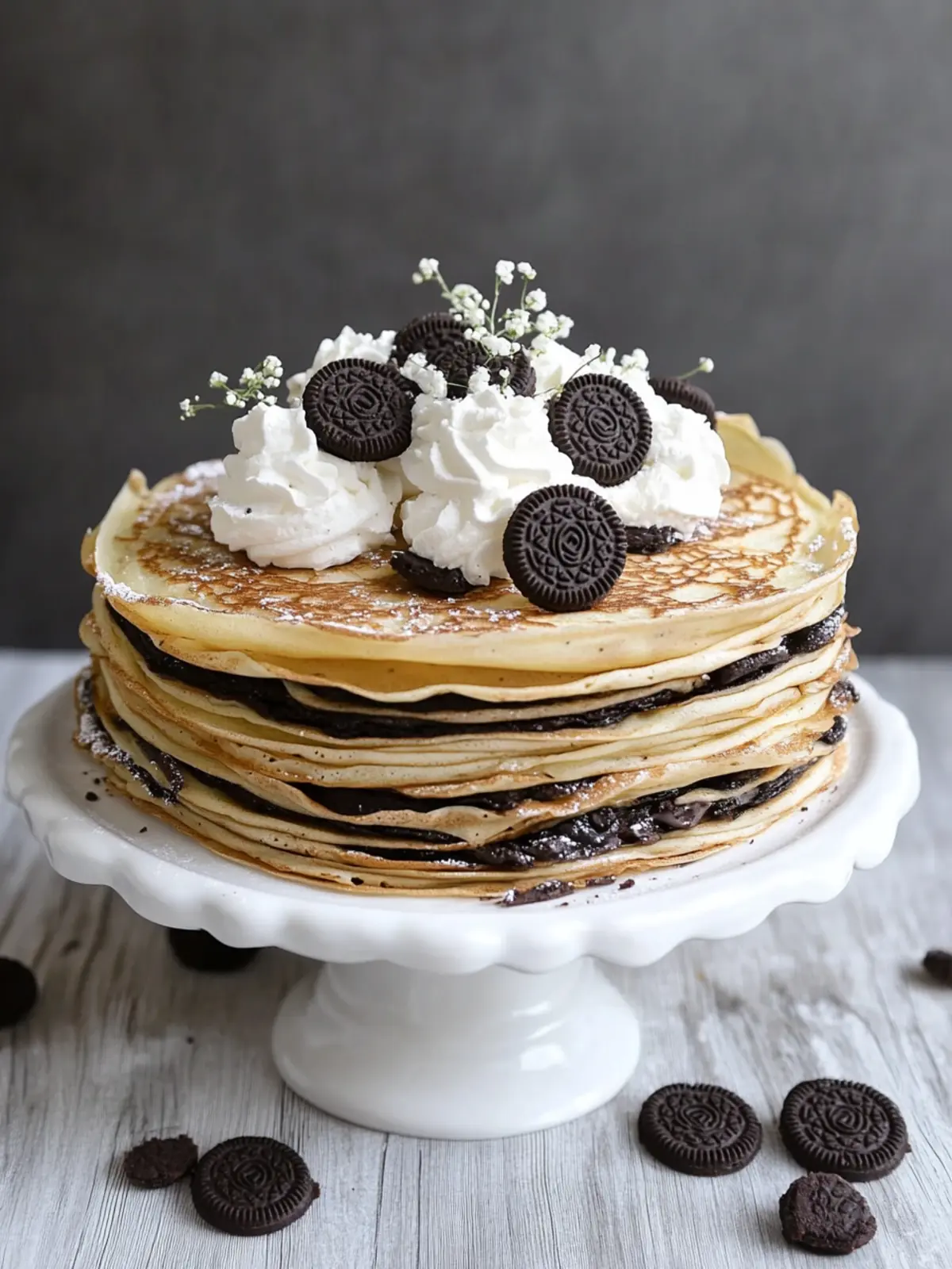 Oreo Crepe Kuchen mit Keksen und Sahnefüllung genießen 3 Oreo Crepe Kuchen mit Keksen und Sahnefüllung