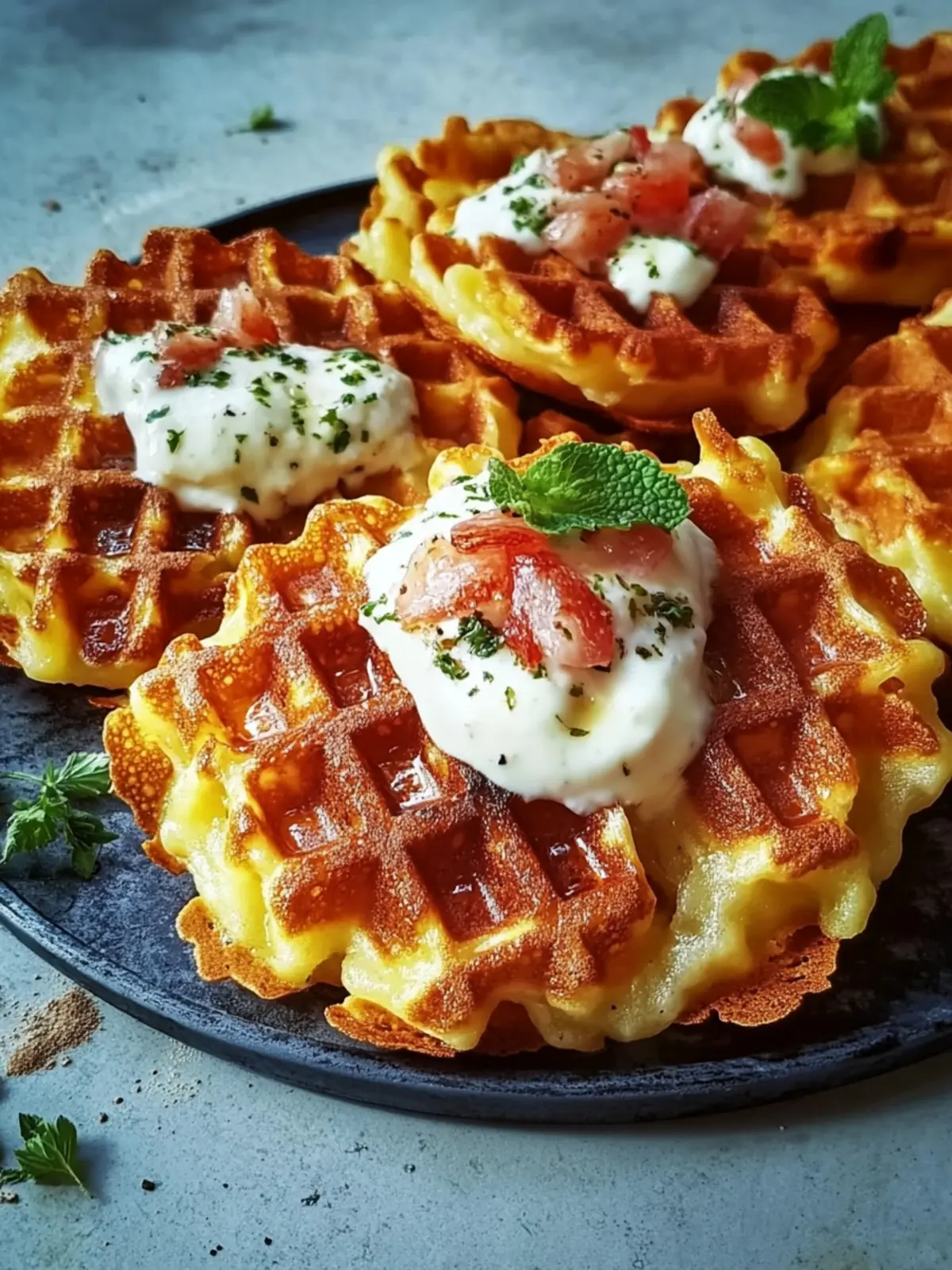 Knusprige Kartoffel-Käse-Waffeln mit Sauerrahm zum Verlieben 3 Crispy Potato Cheese Waffles with Sour Cream