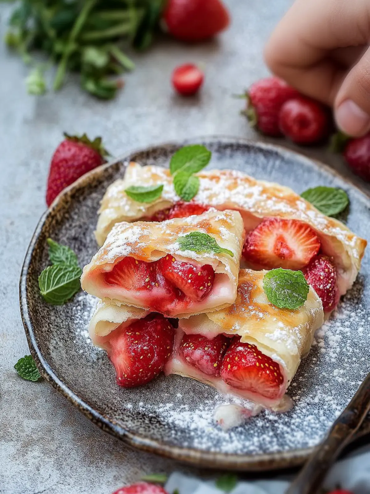 Schnelle Blätterteigtaschen mit Erdbeeren und Minze genießen 3 Quick puff pastry pockets filled with strawberries and mint