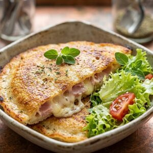 Low-Carb-Schinken-Mozzarella-Pfannkuchen mit Salat genießen 2 Low-Carb-Schinken-Mozzarella-Pfannkuchen mit Salat genießen