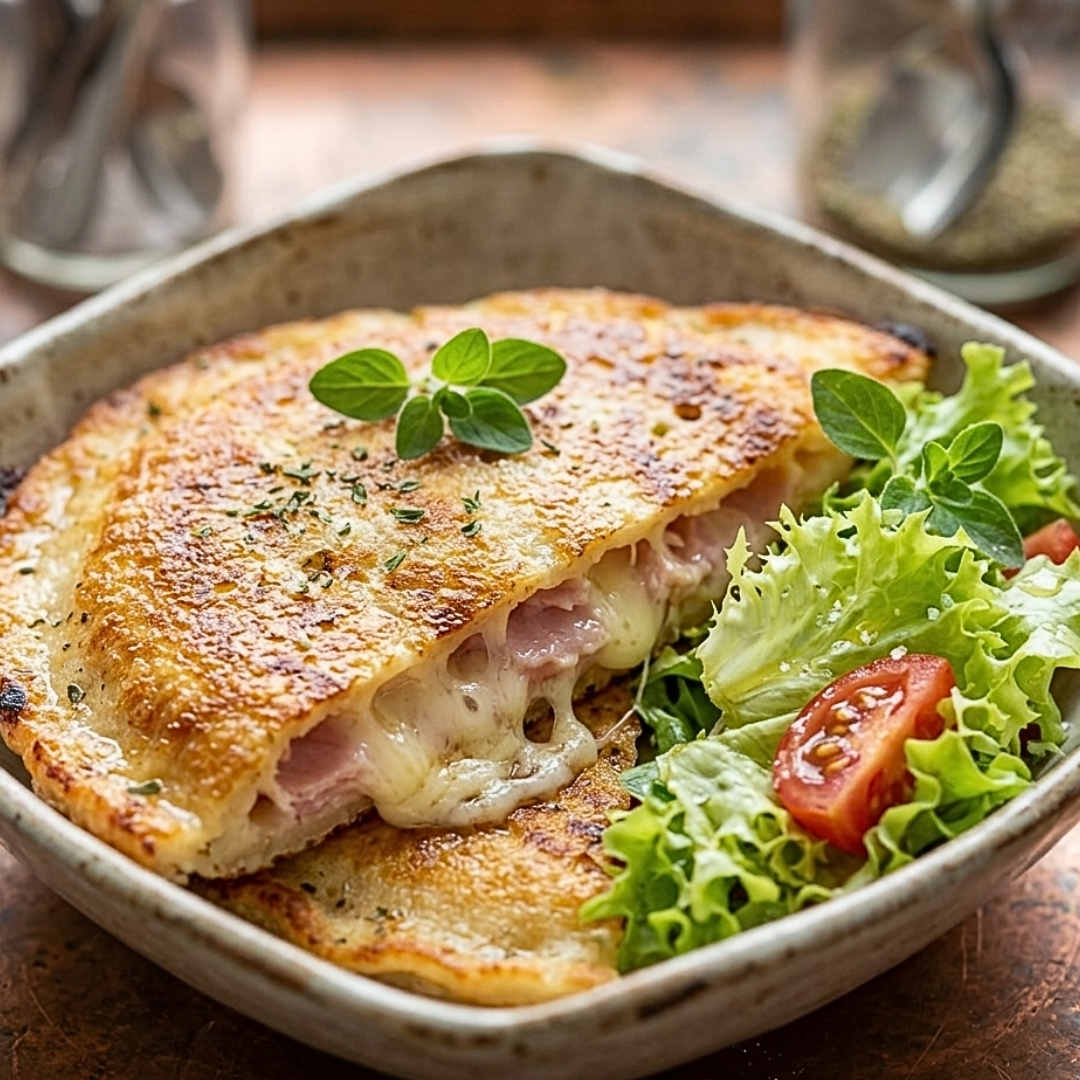 Low-Carb-Schinken-Mozzarella-Pfannkuchen mit Salat genießen 3 Low-Carb-Schinken-Mozzarella-Pfannkuchen mit Salat genießen