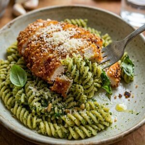 Pesto-Nudeln mit knusprigem Parmesan-Hühnchen für Genuss pur 2 Pesto-Nudeln mit knusprigem Parmesan-Hühnchen für Genuss pur