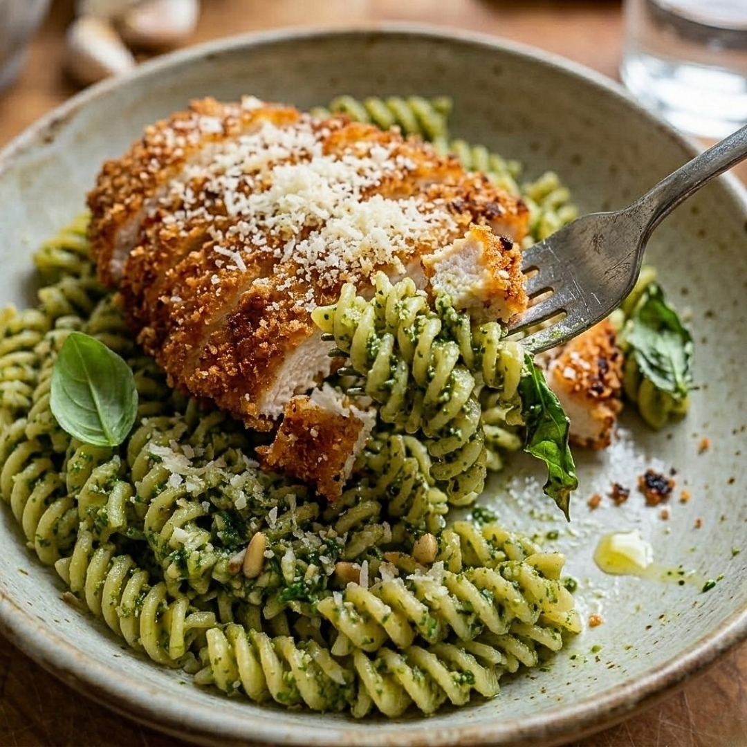 Pesto-Nudeln mit knusprigem Parmesan-Hühnchen für Genuss pur 3 Pesto-Nudeln mit knusprigem Parmesan-Hühnchen für Genuss pur