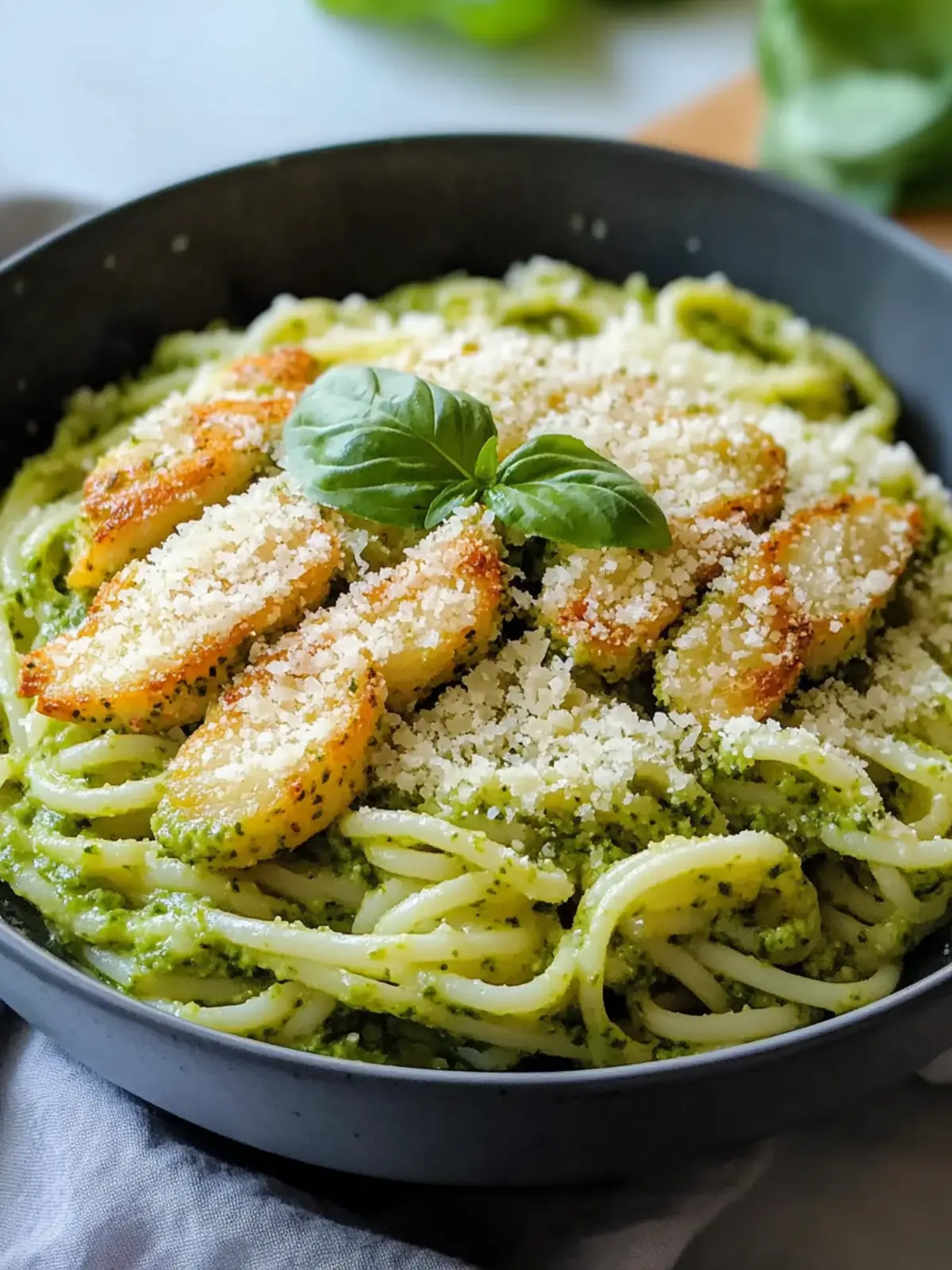 Pesto-Nudeln mit knusprigem Parmesan-Hühnchen für Genuss pur 3 Pesto-Nudeln mit knusprigem Parmesan-Hühnchen