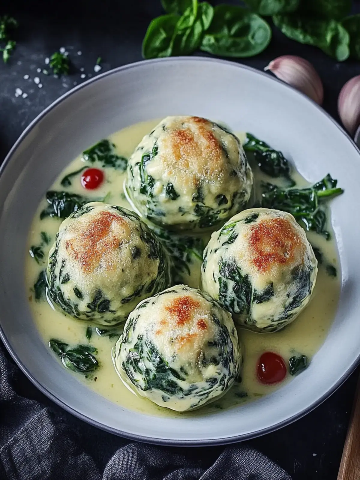 Südtiroler Spinatknödel mit Pilzrahm für den perfekten Genuss 4 Südtiroler Spinatknödel mit Pilzrahm