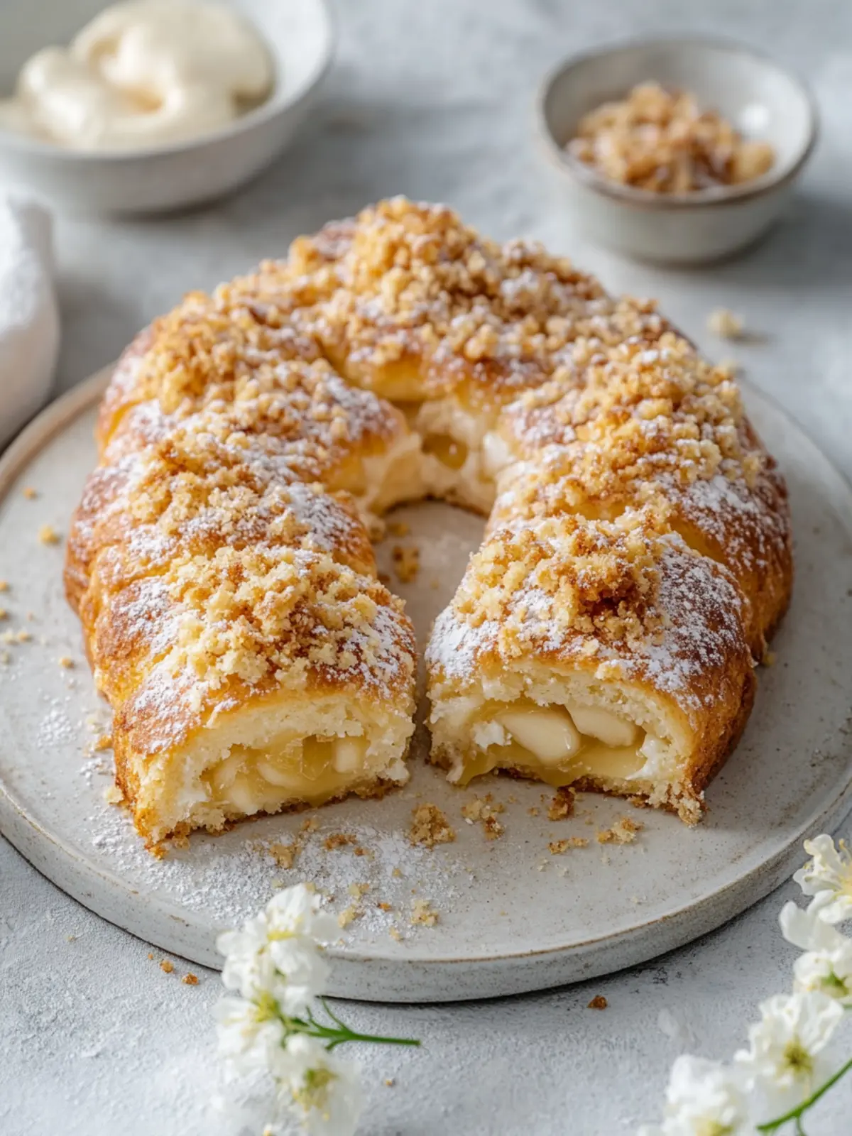 Apfelkäsekuchenbrötchen mit Streuselbelag: Ein Genuss für jede Feier 4 Apfelkäsekuchenbrötchen mit Streuselbelag und süßem Zuckerguss