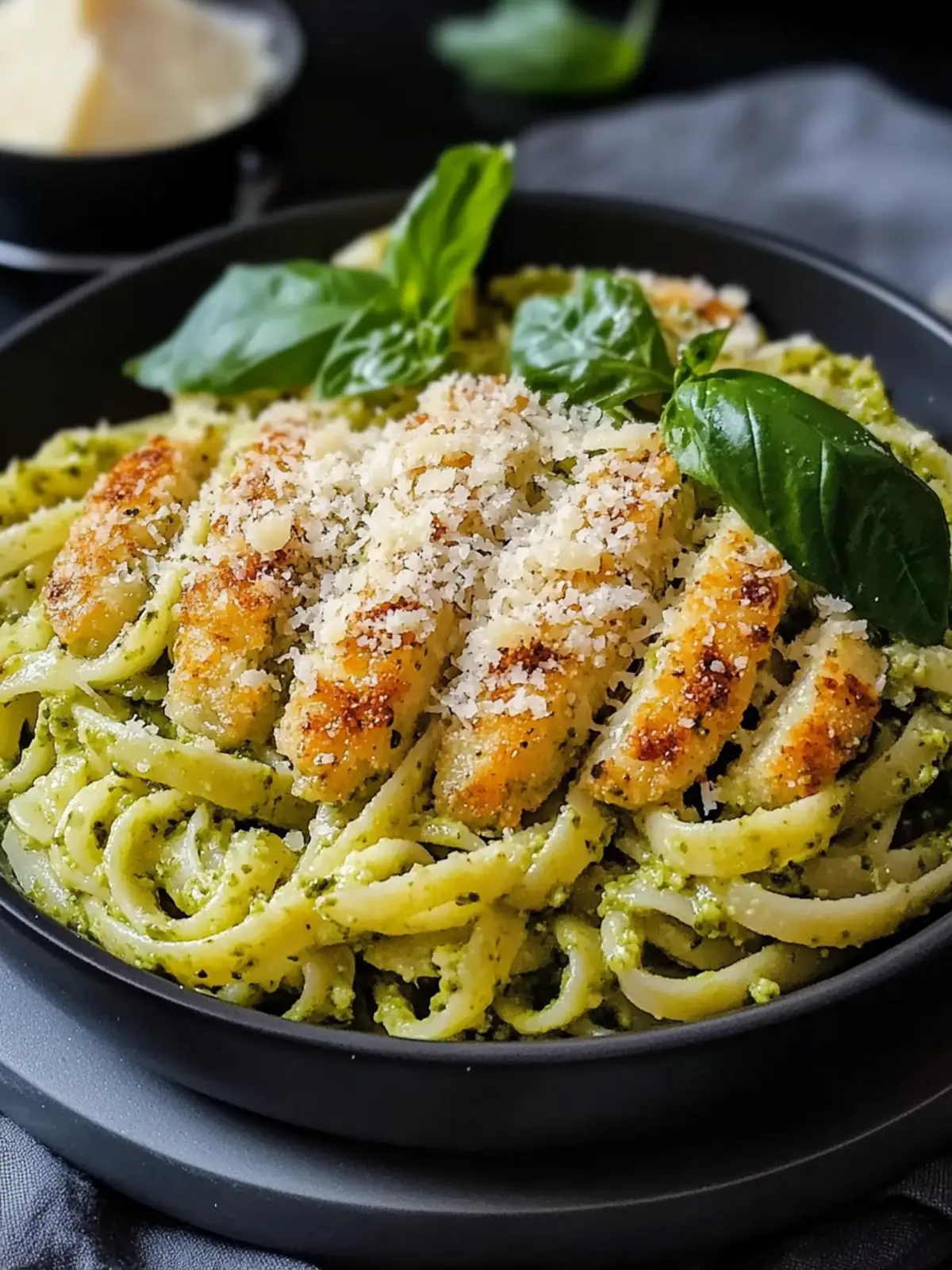 Pesto-Nudeln mit knusprigem Parmesan-Hühnchen für Genuss pur 4 Pesto-Nudeln mit knusprigem Parmesan-Hühnchen