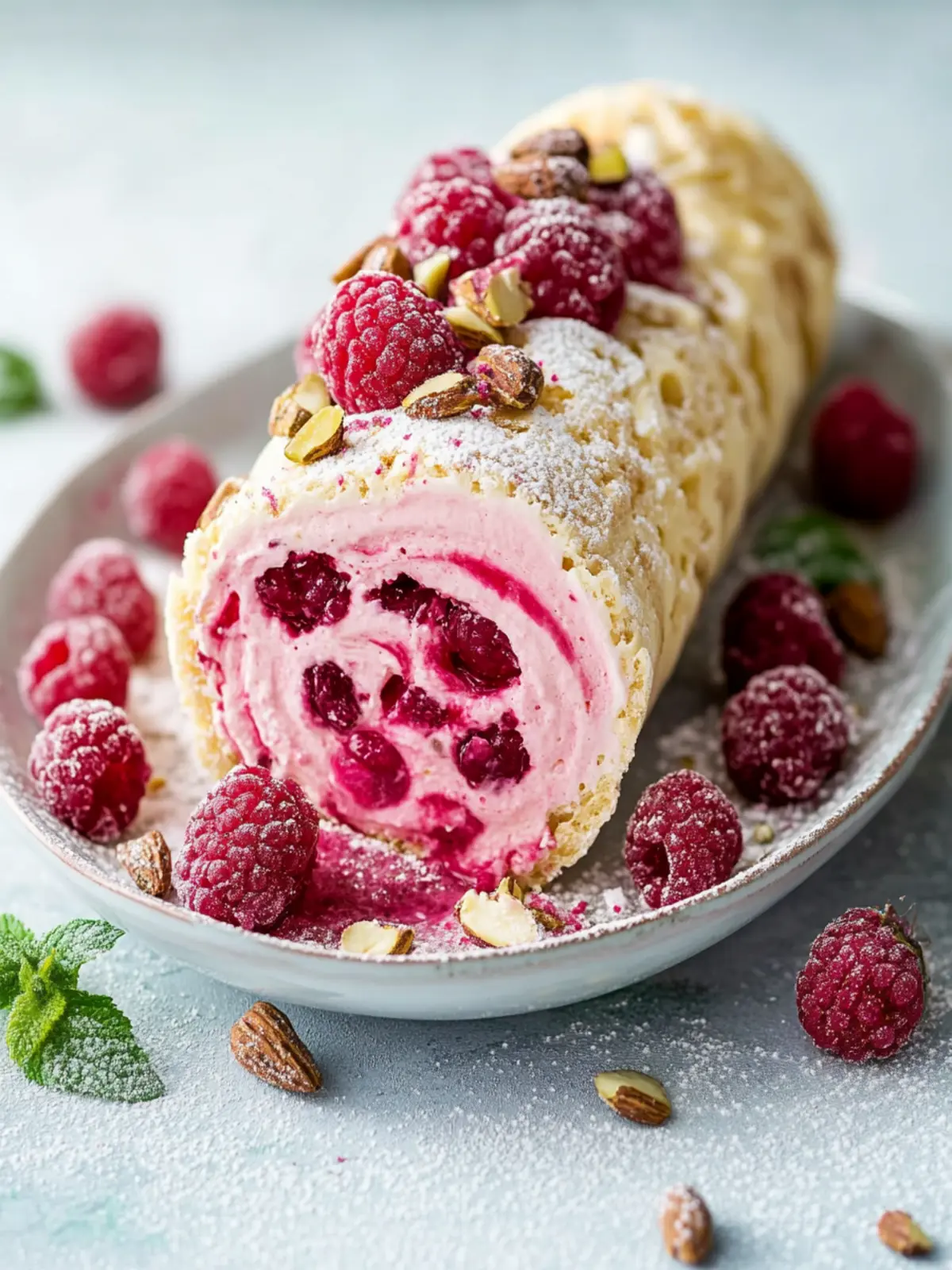 Himbeer-Pistazien-Biskuitrolle – Leichter Genuss für Feste 3 Himbeer-Pistazien-Biskuitrolle