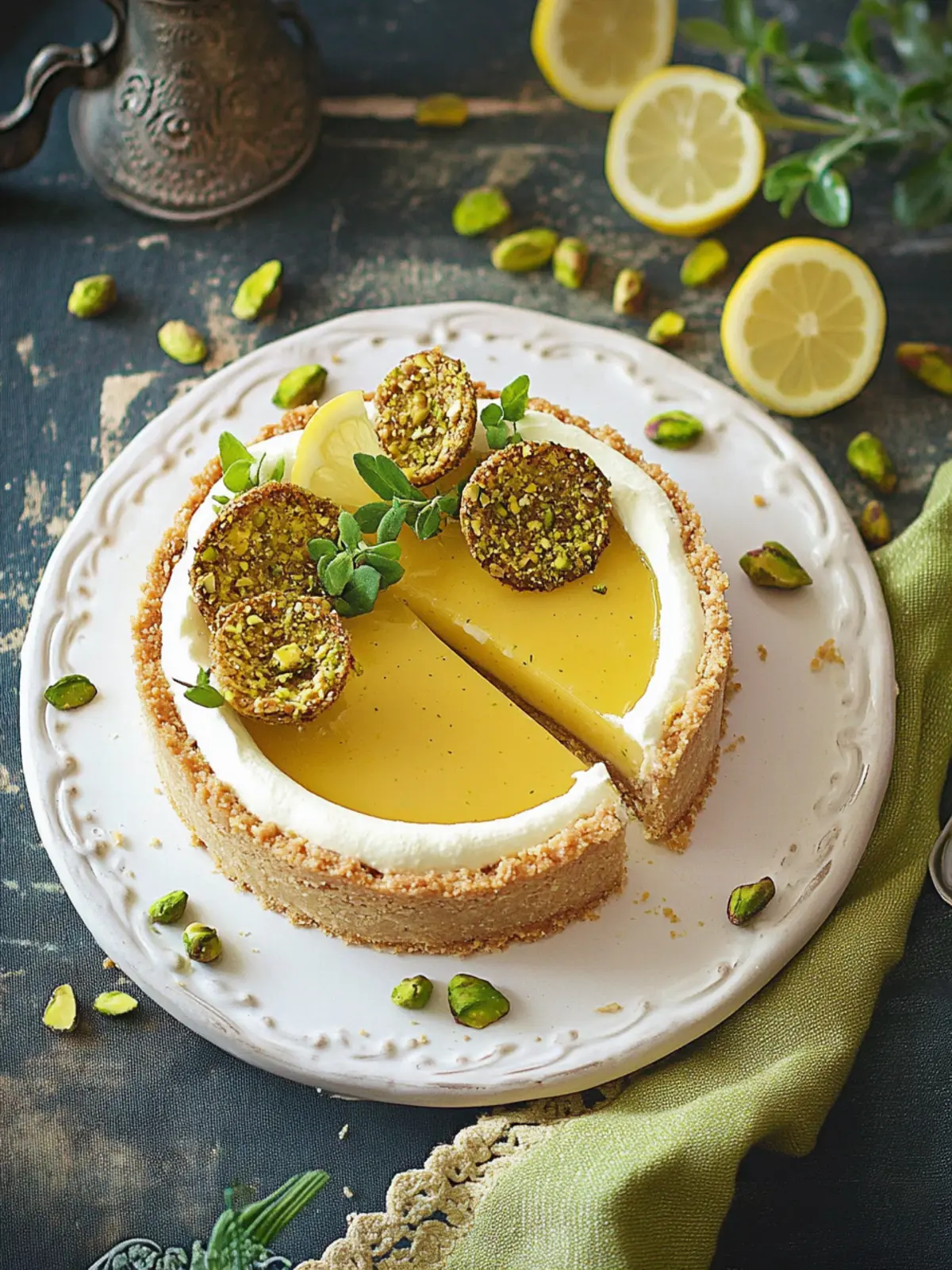 Lemon Tart mit zarten Pistazien-Knusperblättern zaubern Freude 2 Lemon tart with delicate pistachio crunch leaves