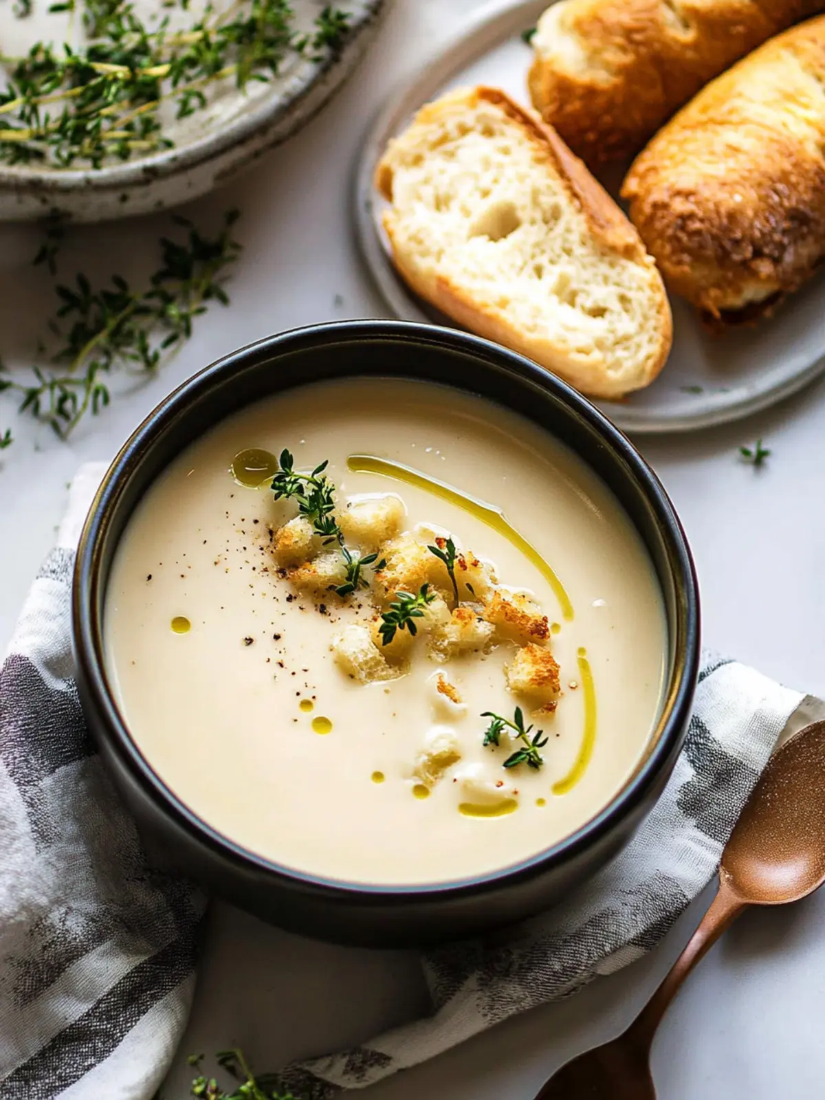 Cremige weiße Spargelsuppe mit Haselnüssen und brauner Butter