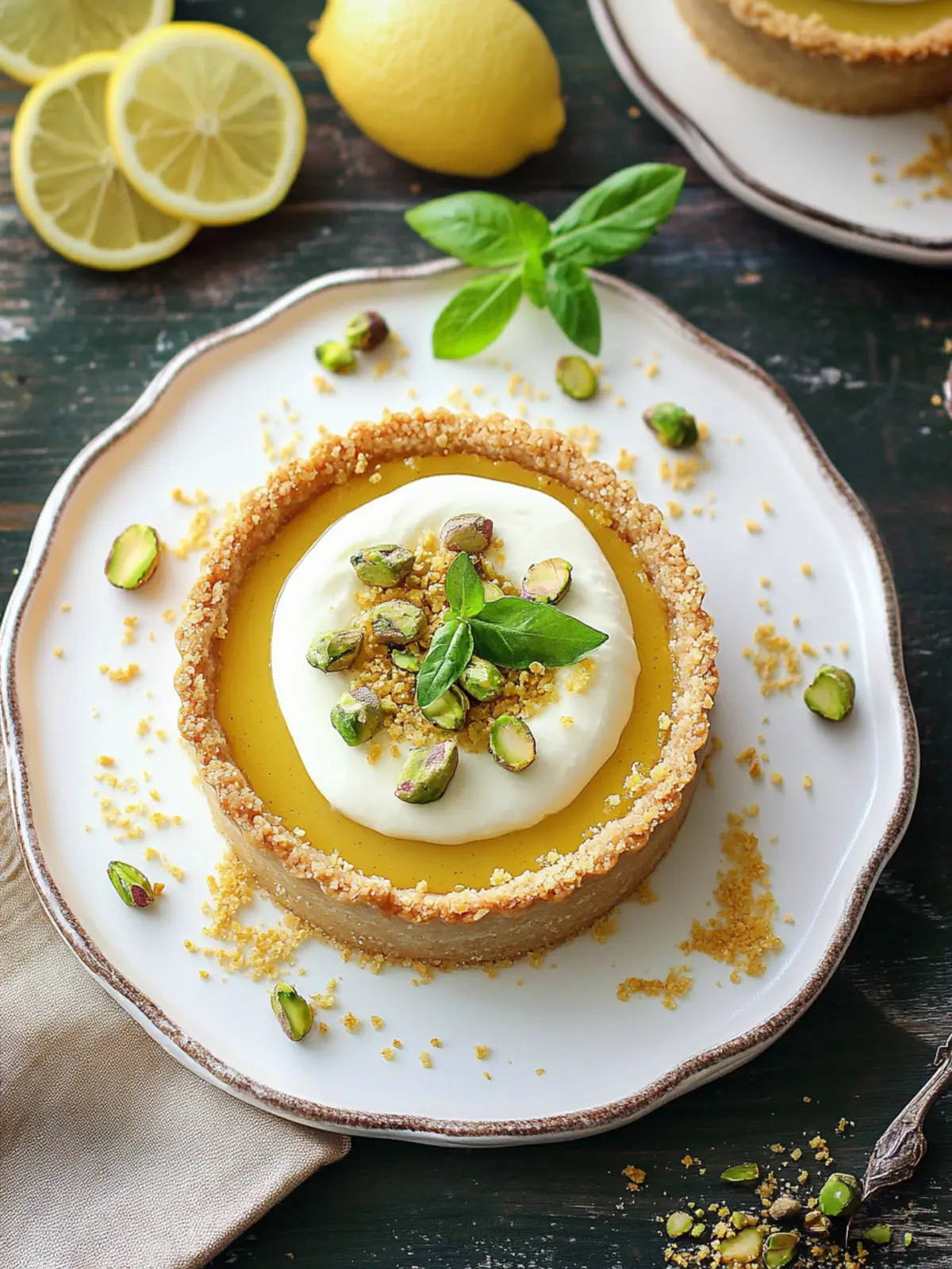 Lemon tart with delicate pistachio crunch leaves