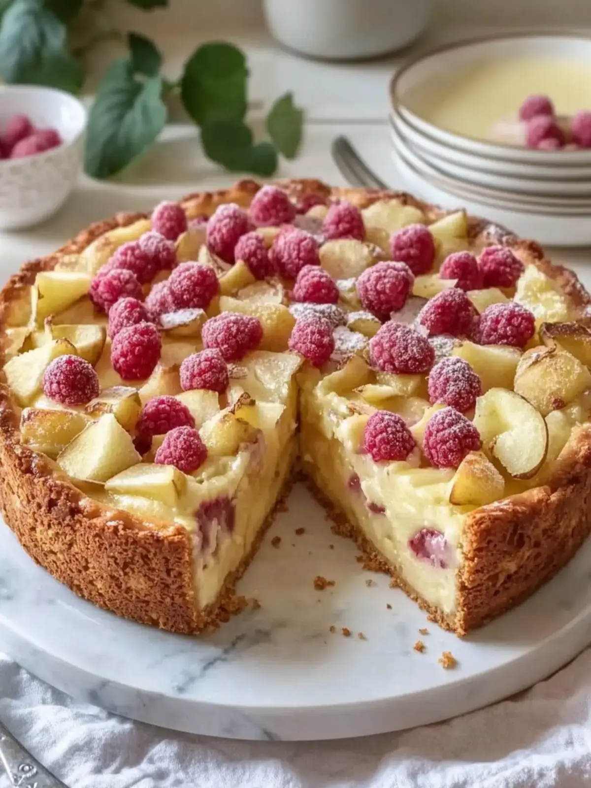 Rhabarberkuchen mit Pudding und Schmand