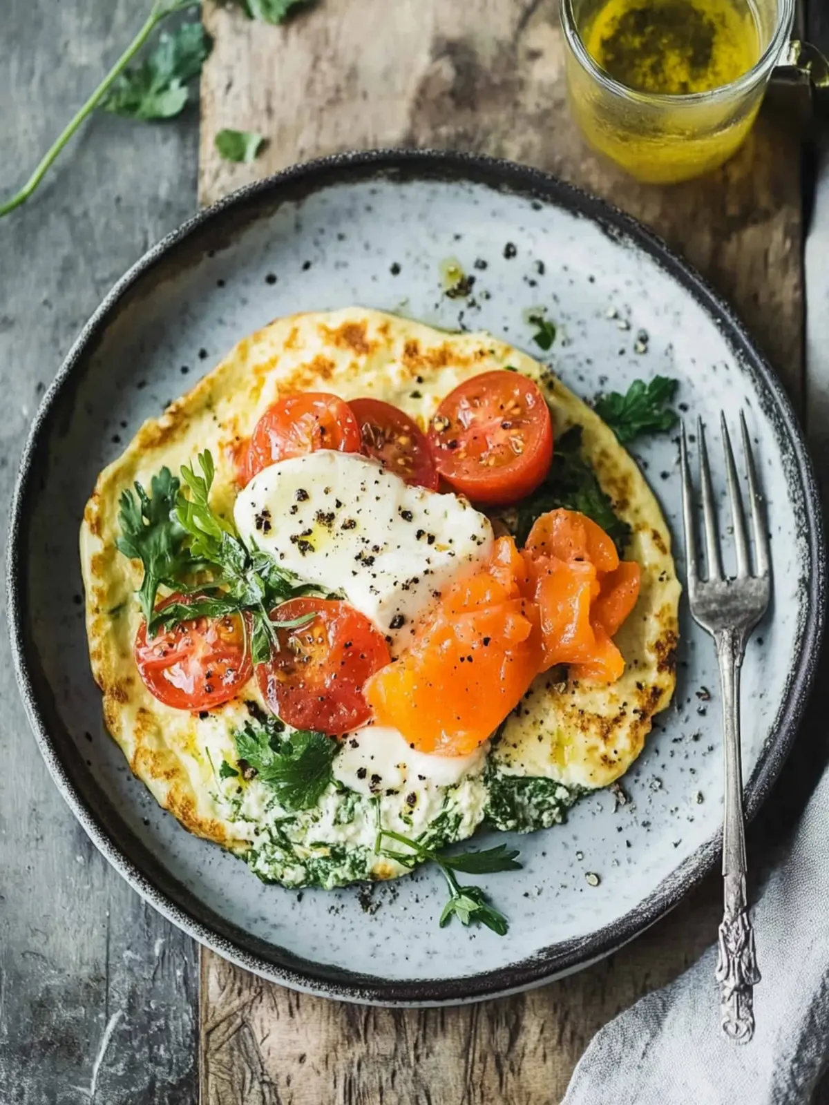 Kräuter-Omelett mit Frischkäse und Räucherlachs: Gesund & Schnell 5 Kräuter-Omelett mit Frischkäse und Räucherlachs