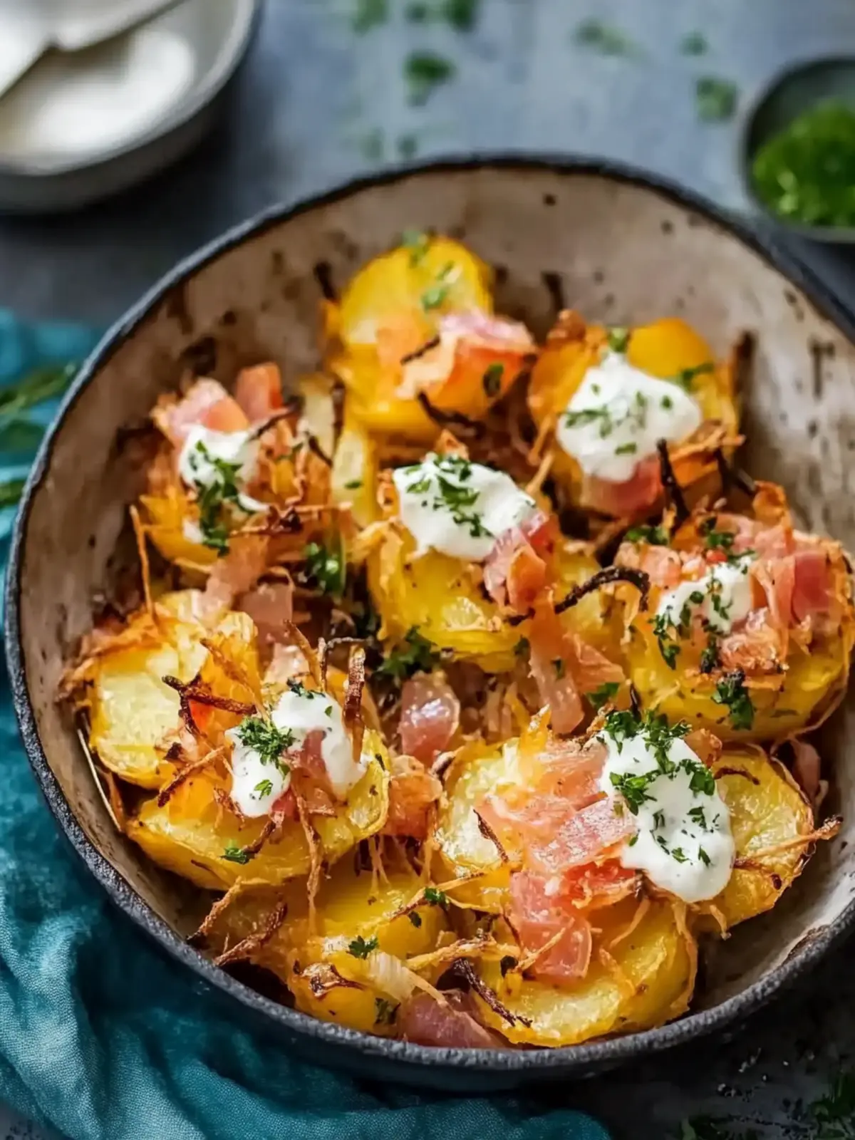 Knusprige Kartoffelnester mit Krabben und Sauerrahm genießen 4 Kartoffelnester mit Krabben und Sauerrahm