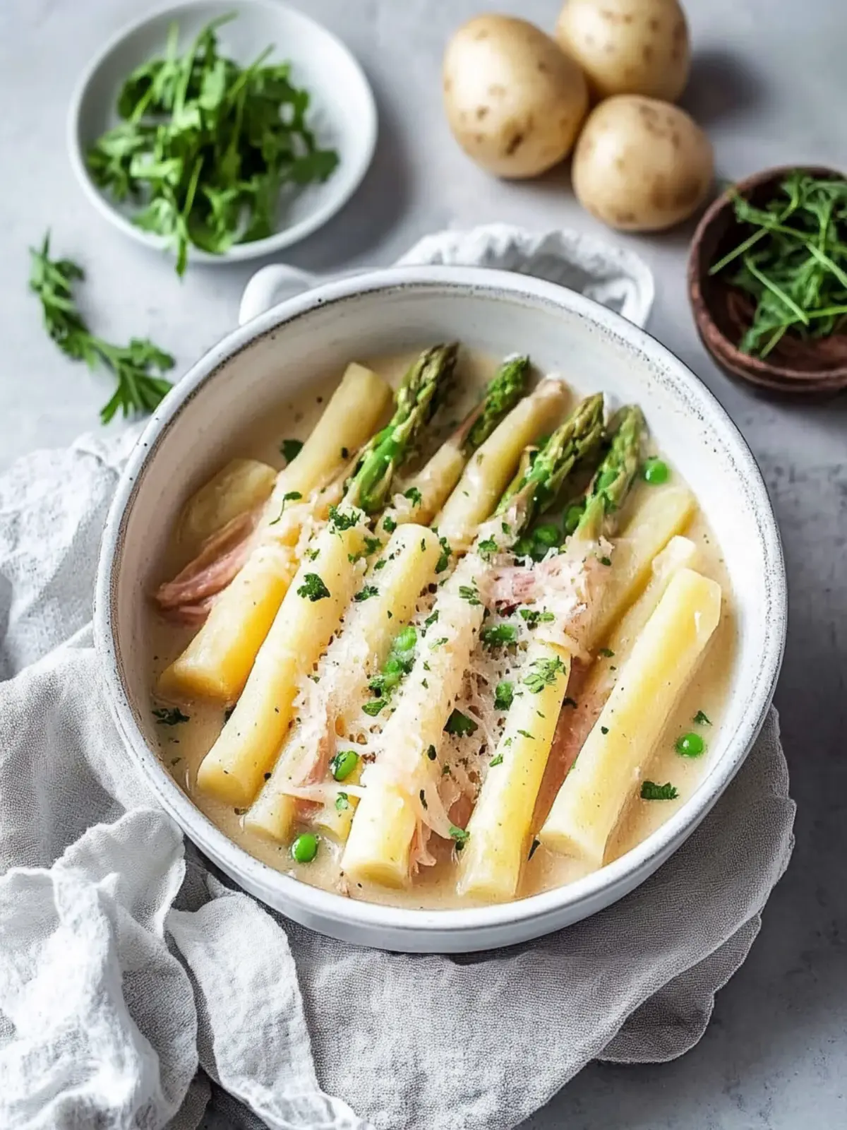 Spargelauflauf mit Schinken und Kartoffeln
