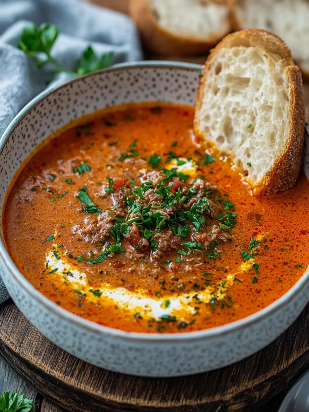 Ajvar-Suppe mit Hackfleisch