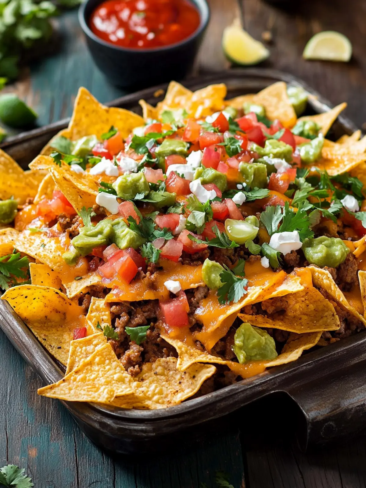 Köstliche Nachos überbacken mit herzhaftem Fleisch und Salsa 4 Nachos überbacken