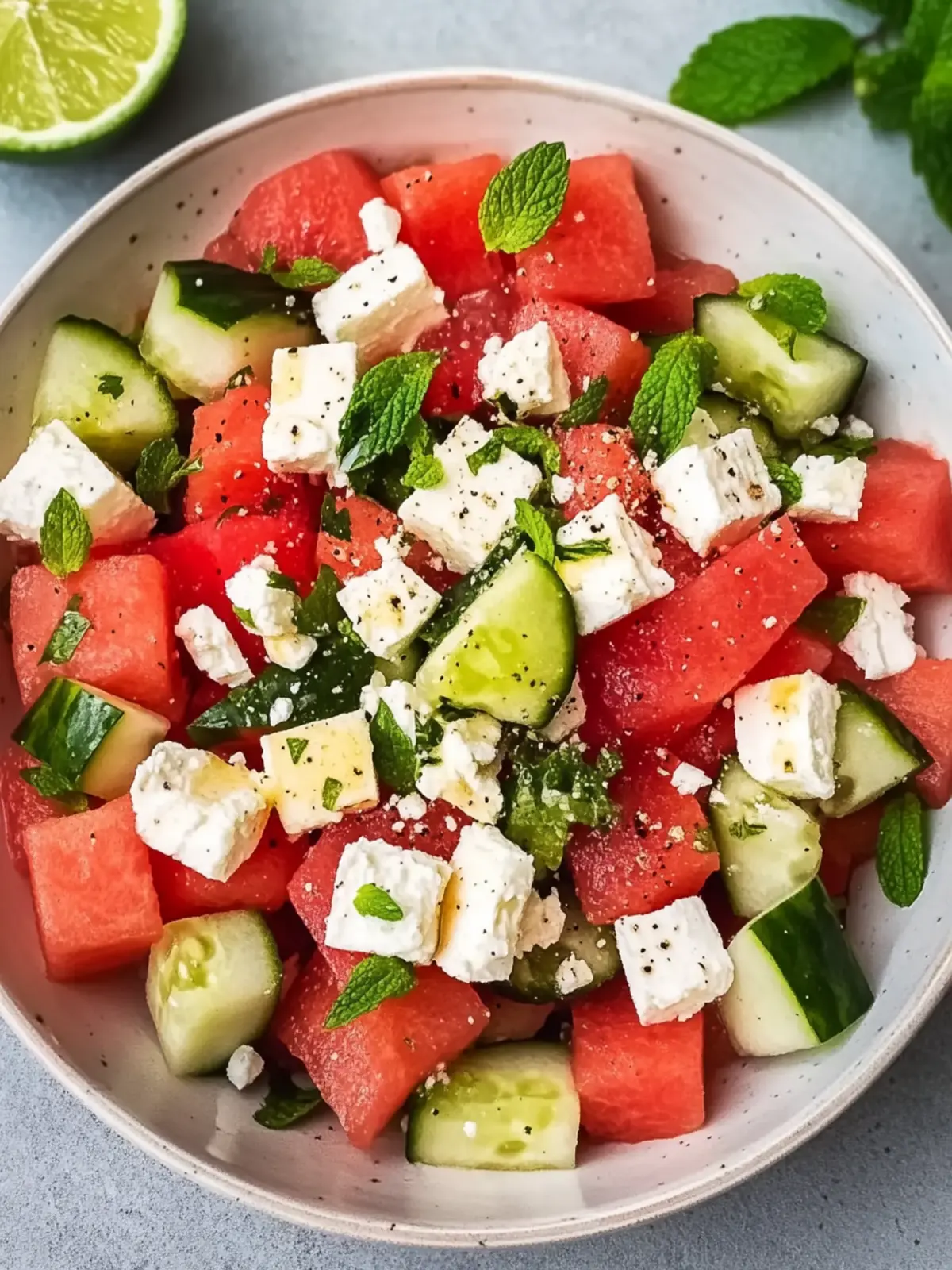 Wassermelonen Feta Salat mit Gurke und Minze für heiße Tage 5 Wassermelonen Feta Salat mit Gurke und Minze