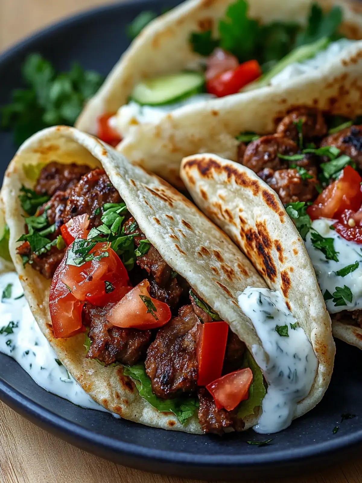 Mediterrane Rinderhackfleisch-Pita-Wickel mit Knoblauch-Joghurt-Sauce