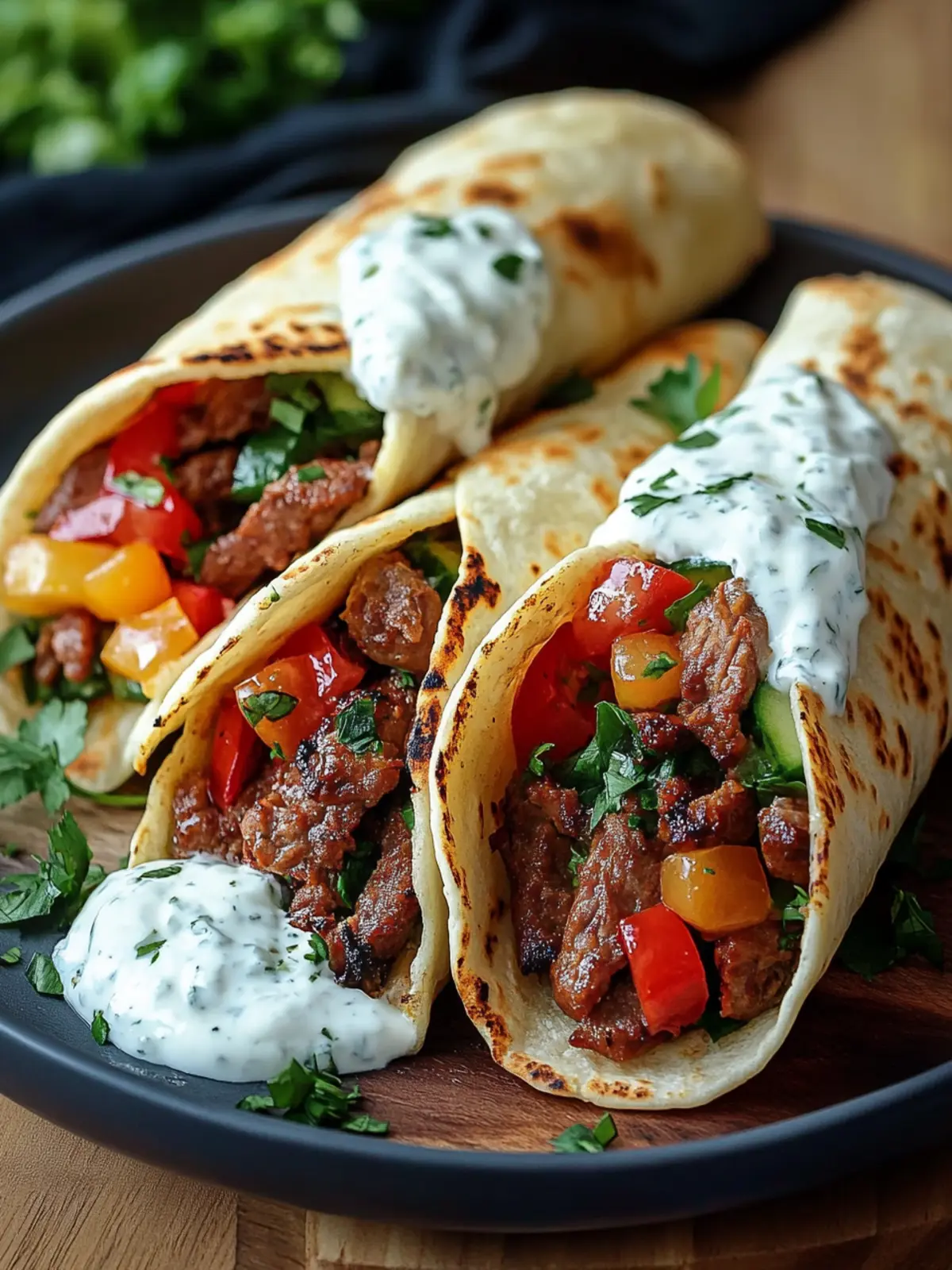 Mediterrane Rinderhackfleisch-Pita-Wickel mit Knoblauch-Joghurt-Sauce in 25 Minuten! 2 Mediterrane Rinderhackfleisch-Pita-Wickel mit Knoblauch-Joghurt-Sauce