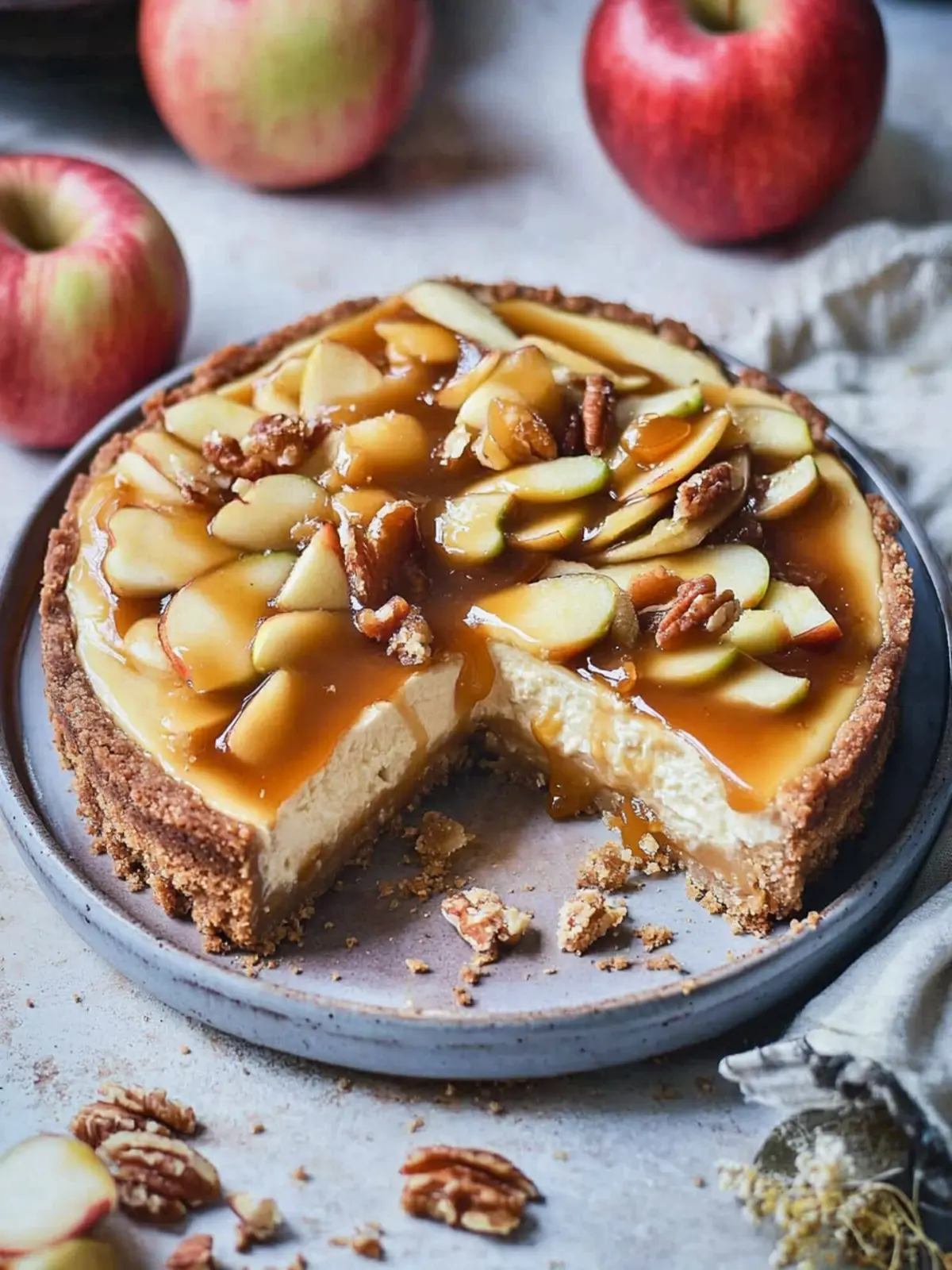Vegane Apfel-Cheesecake mit Karamell: Glutenfreier Genuss 4 Apple Cheesecake with Caramel (vegan, gluten-free)