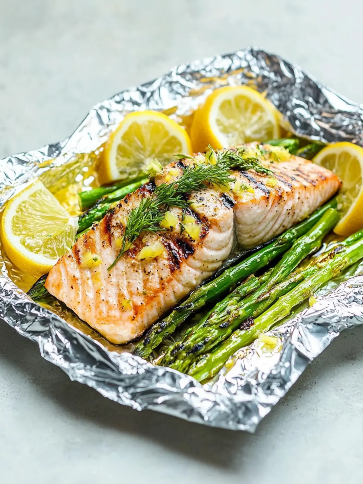 Folienpackung gegrillter Lachs mit zitronigen Spargel