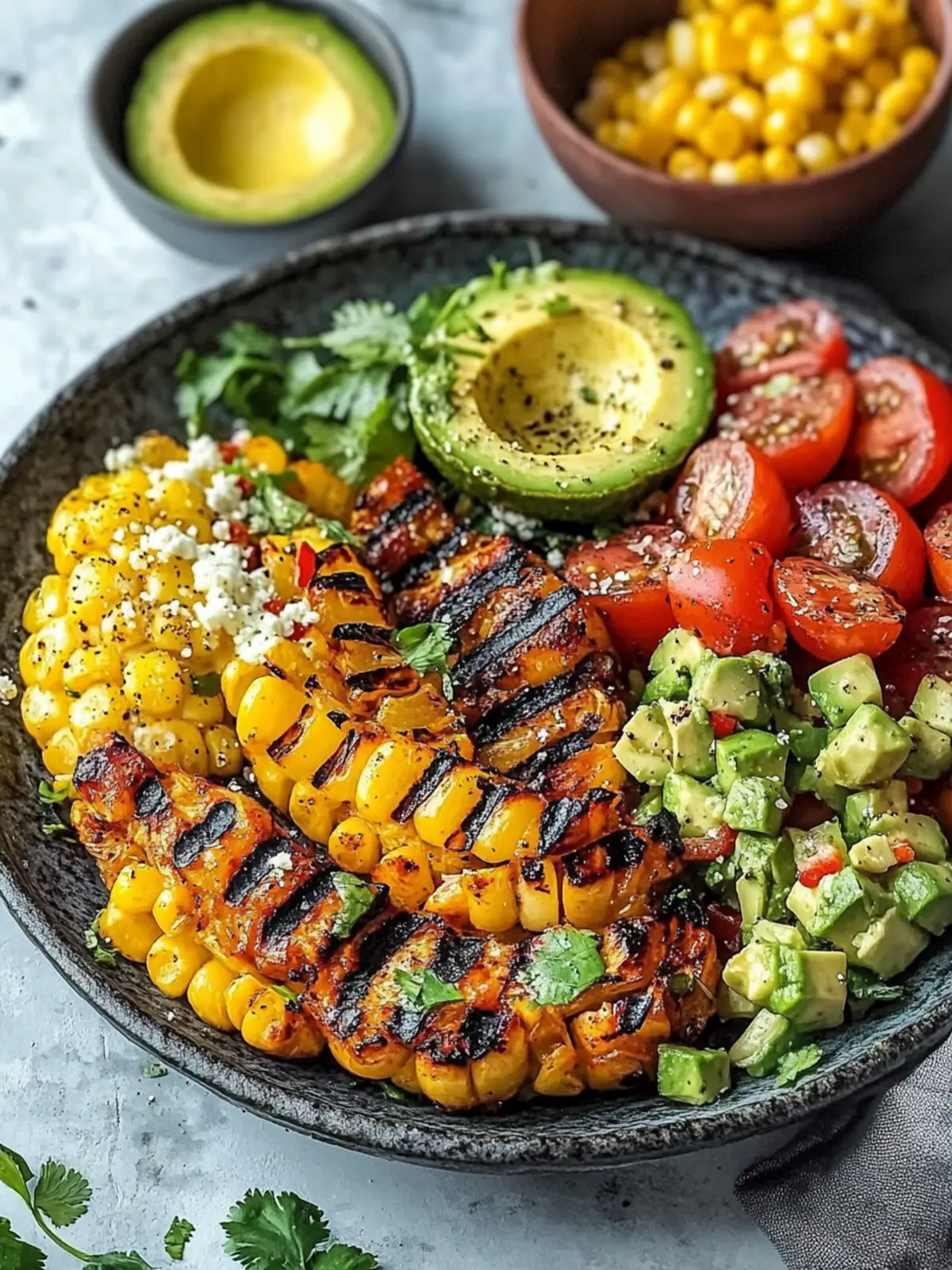 Einfache gegrillte Garnelen-Schüssel mit Avocado und Mais für den Sommergenuss 4 Einfache gegrillte Garnelen-Schüssel mit Avocado und Mais