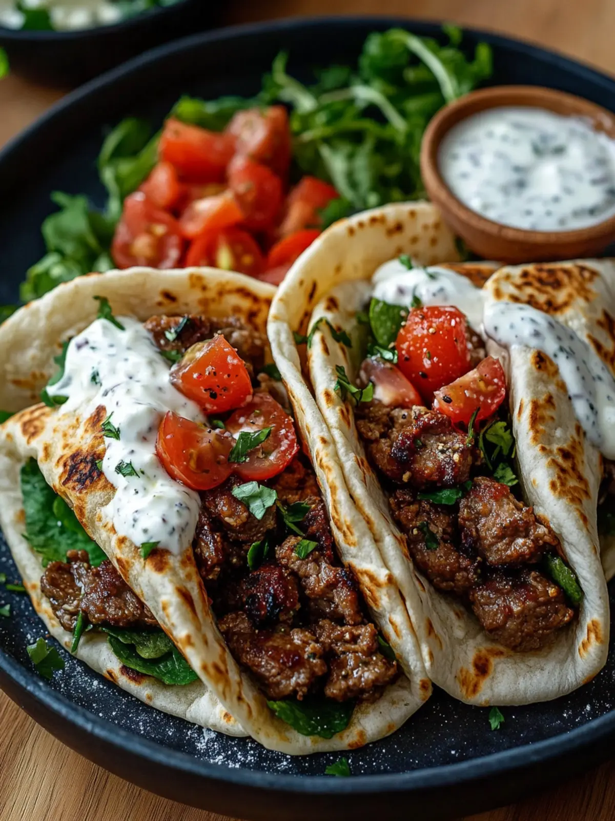 Mediterrane Rinderhackfleisch-Pita-Wickel mit Knoblauch-Joghurt-Sauce in 25 Minuten! 4 Mediterrane Rinderhackfleisch-Pita-Wickel mit Knoblauch-Joghurt-Sauce