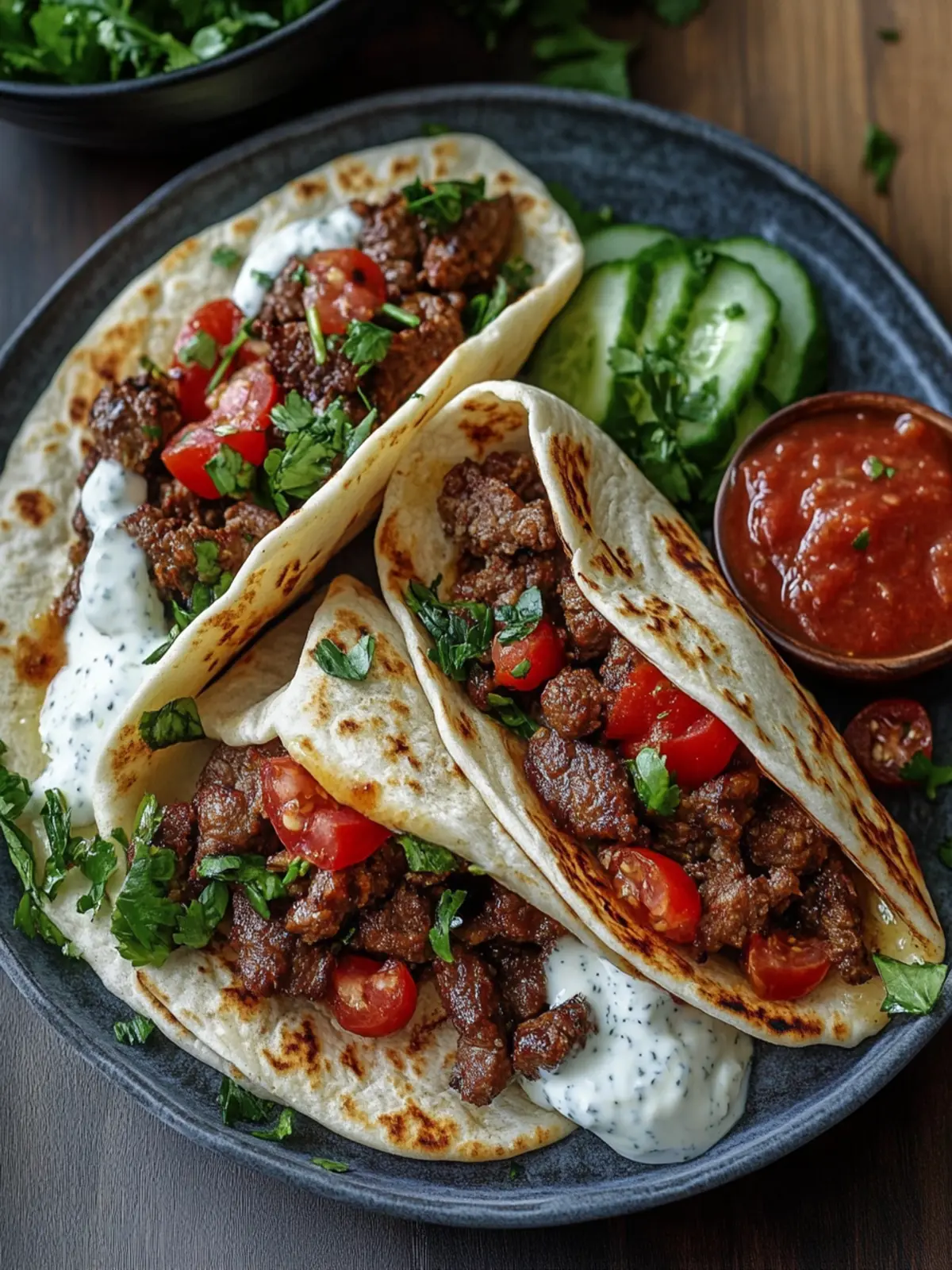 Mediterrane Rinderhackfleisch-Pita-Wickel mit Knoblauch-Joghurt-Sauce in 25 Minuten! 3 Mediterrane Rinderhackfleisch-Pita-Wickel mit Knoblauch-Joghurt-Sauce