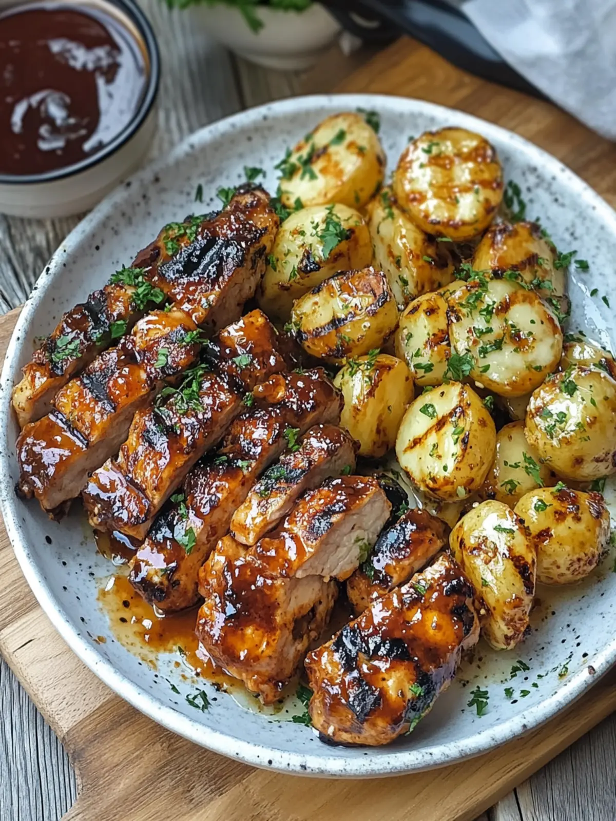 Honig-BBQ-Hähnchen mit Knoblauch-Parmesan-Kartoffeln für die Familie 2 Honig-BBQ-Hähnchen mit Knoblauch-Parmesan-Kartoffeln