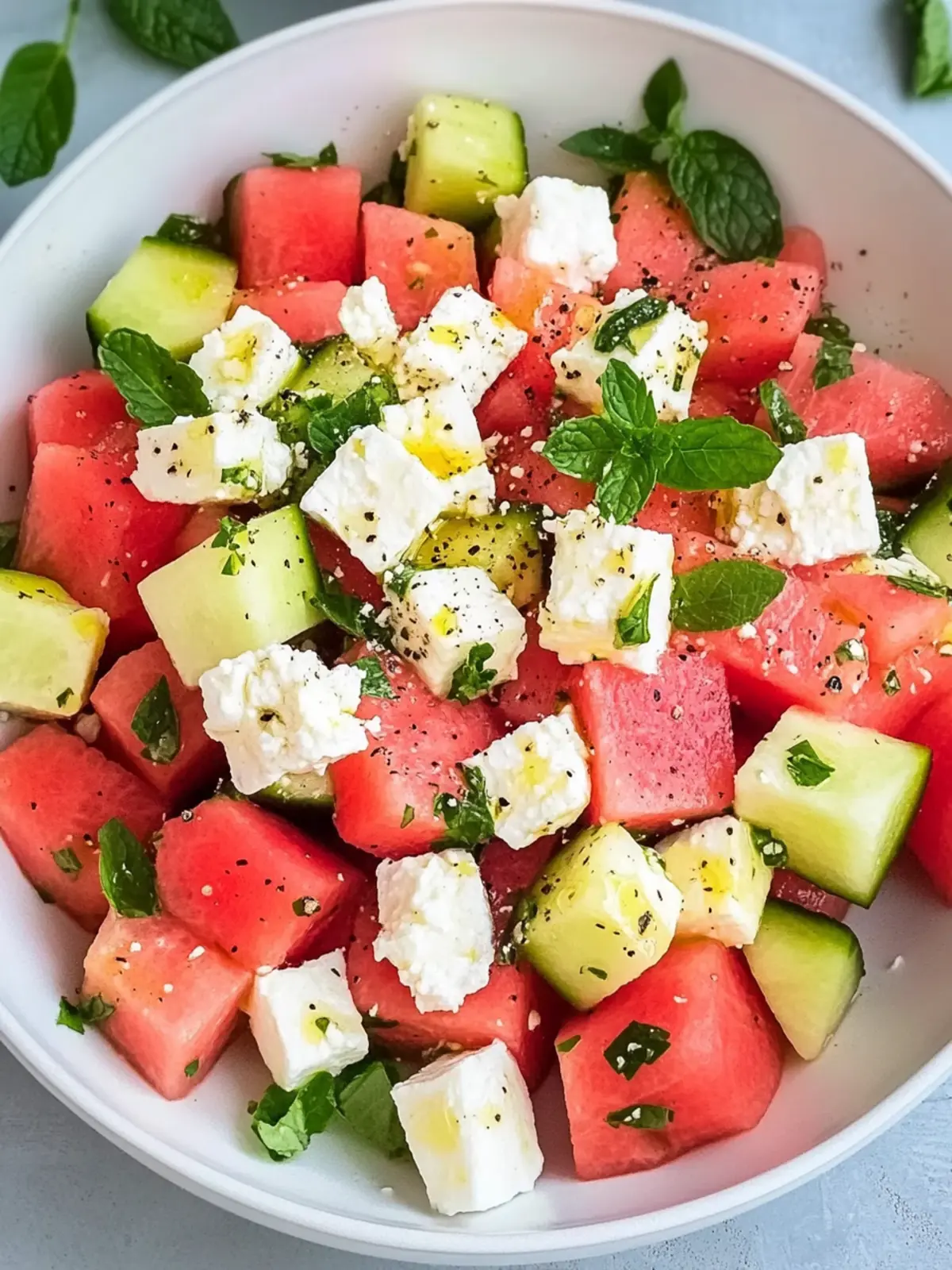 Wassermelonen Feta Salat mit Gurke und Minze für heiße Tage 4 Wassermelonen Feta Salat mit Gurke und Minze