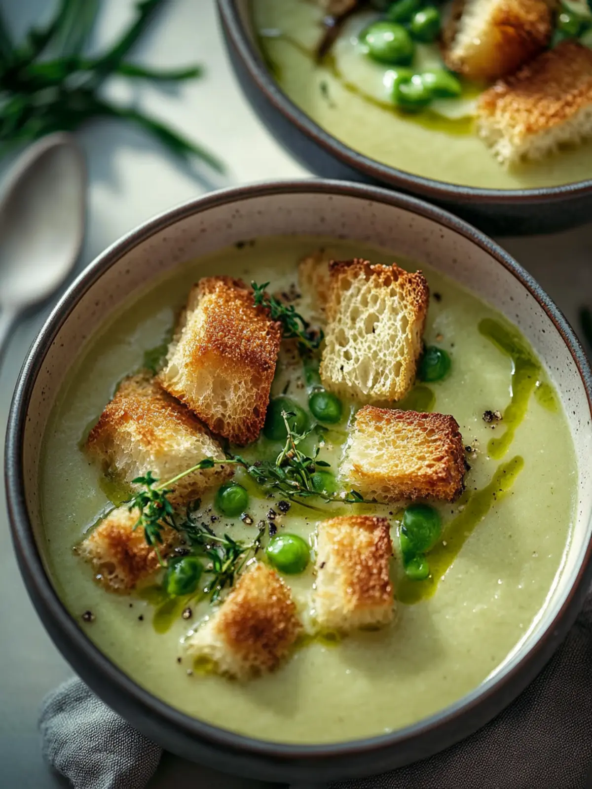Spargelsuppe mit Croutons und geröstetem Knoblauch genießen 3 Spargelsuppe mit Croutons und geröstetem Knoblauch