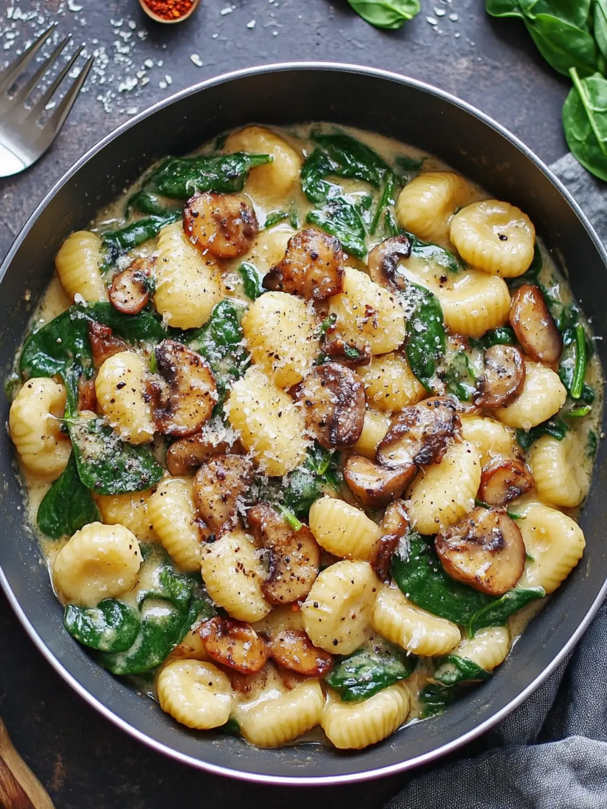 Cremige Spinat- und Pilzgnocchi in 20 Minuten zubereiten 2 Cremige Spinat- und Pilzgnocchi (Eintopf, 20 Minuten)