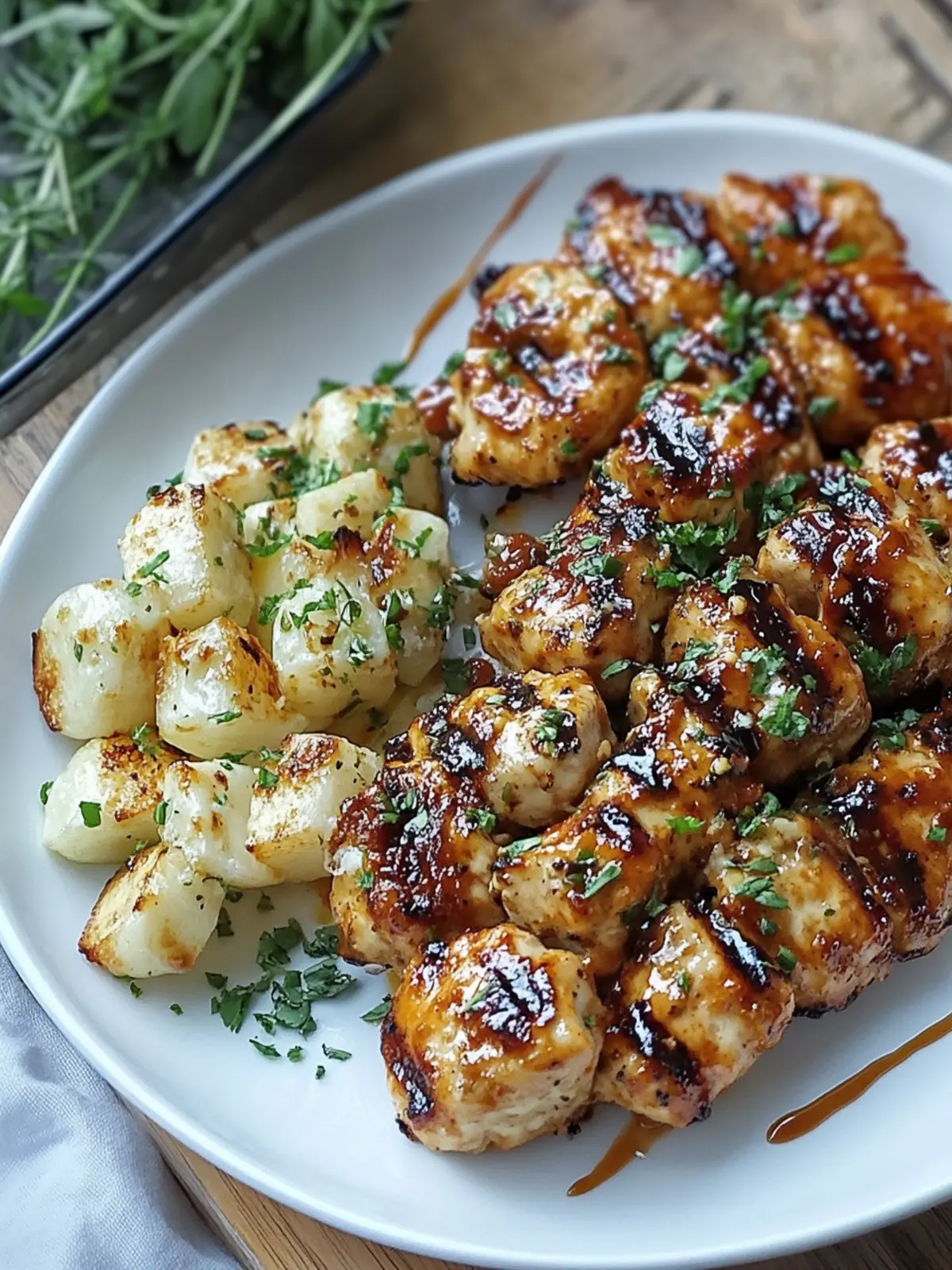 Honig-BBQ-Hähnchen mit Knoblauch-Parmesan-Kartoffeln für die Familie 4 Honig-BBQ-Hähnchen mit Knoblauch-Parmesan-Kartoffeln