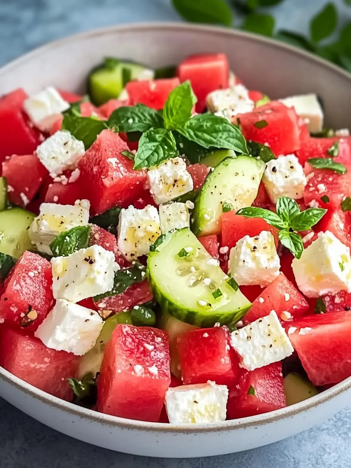 Wassermelonen Feta Salat mit Gurke und Minze für heiße Tage 3 Wassermelonen Feta Salat mit Gurke und Minze