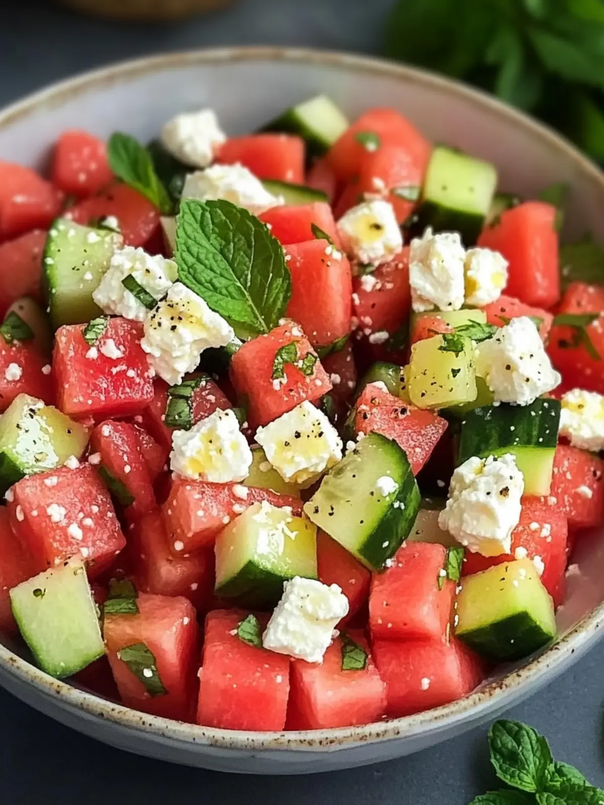 Wassermelonen Feta Salat mit Gurke und Minze für heiße Tage 2 Wassermelonen Feta Salat mit Gurke und Minze