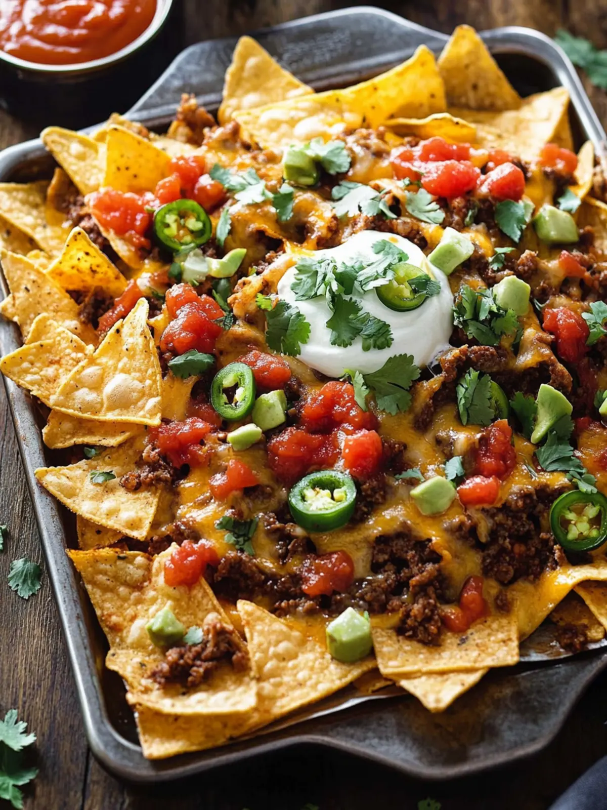 Köstliche Nachos überbacken mit herzhaftem Fleisch und Salsa 3 Nachos überbacken