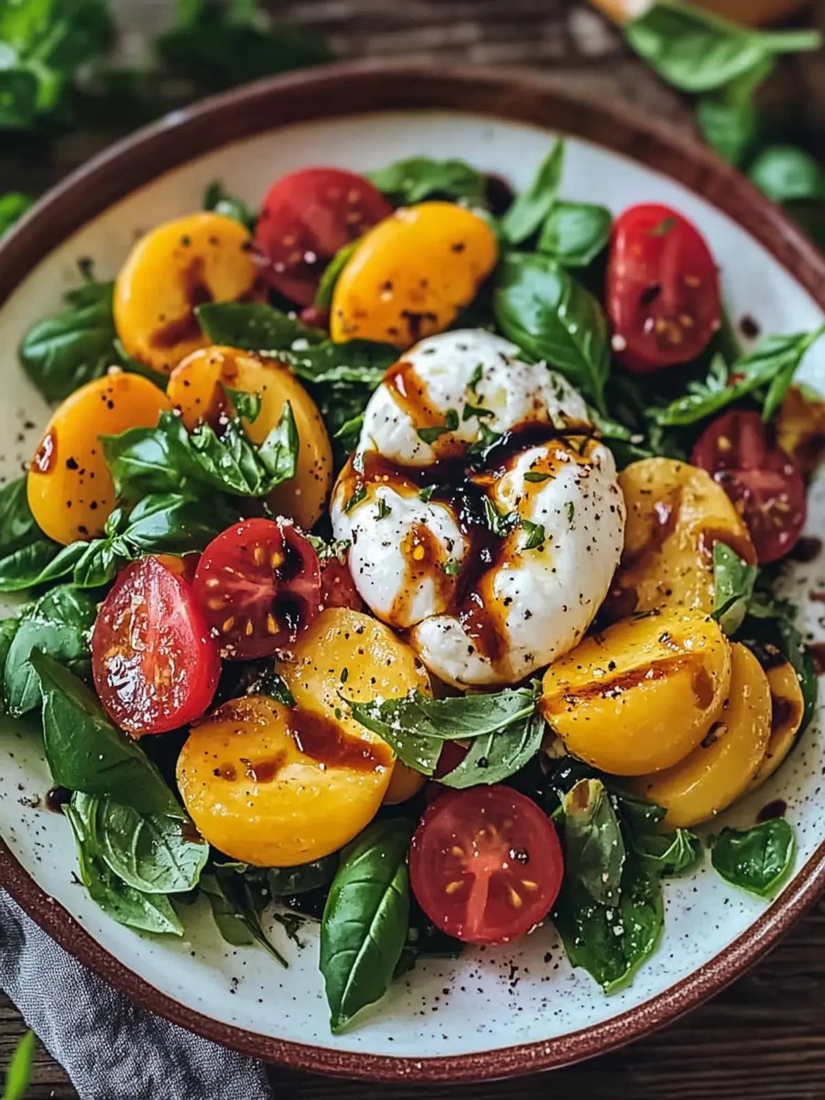 Frischer Pfirsich Burrata Salat mit Basilikum und Balsamico Genuss 3 Frischer Pfirsich Burrata Salat mit Basilikum und Balsamico