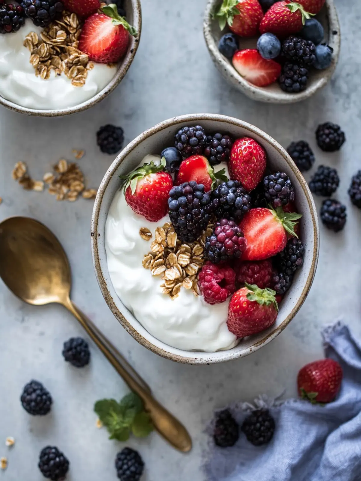 Gesunde griechische Joghurt Frühstücksschüssel mit frischen Beeren 5 Gesunde griechische Joghurt Frühstücksschüssel