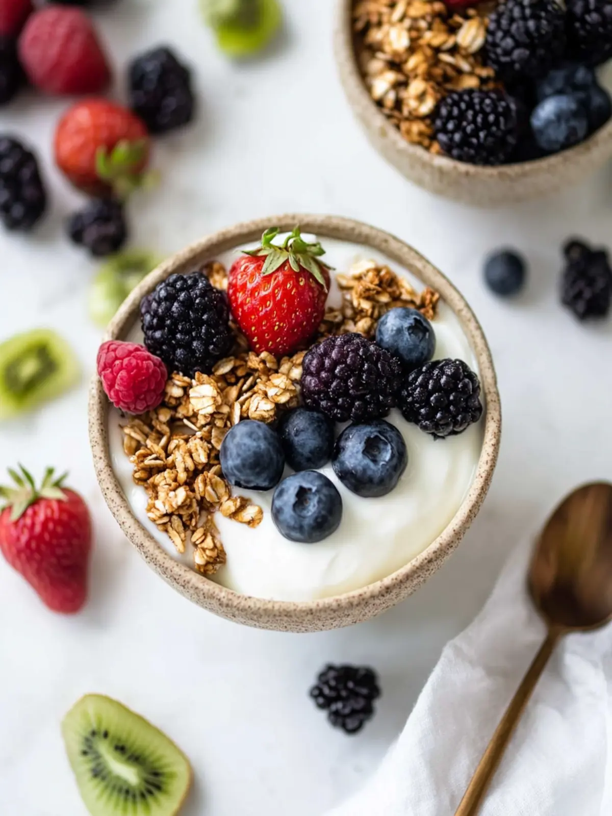 Gesunde griechische Joghurt Frühstücksschüssel mit frischen Beeren 2 Gesunde griechische Joghurt Frühstücksschüssel