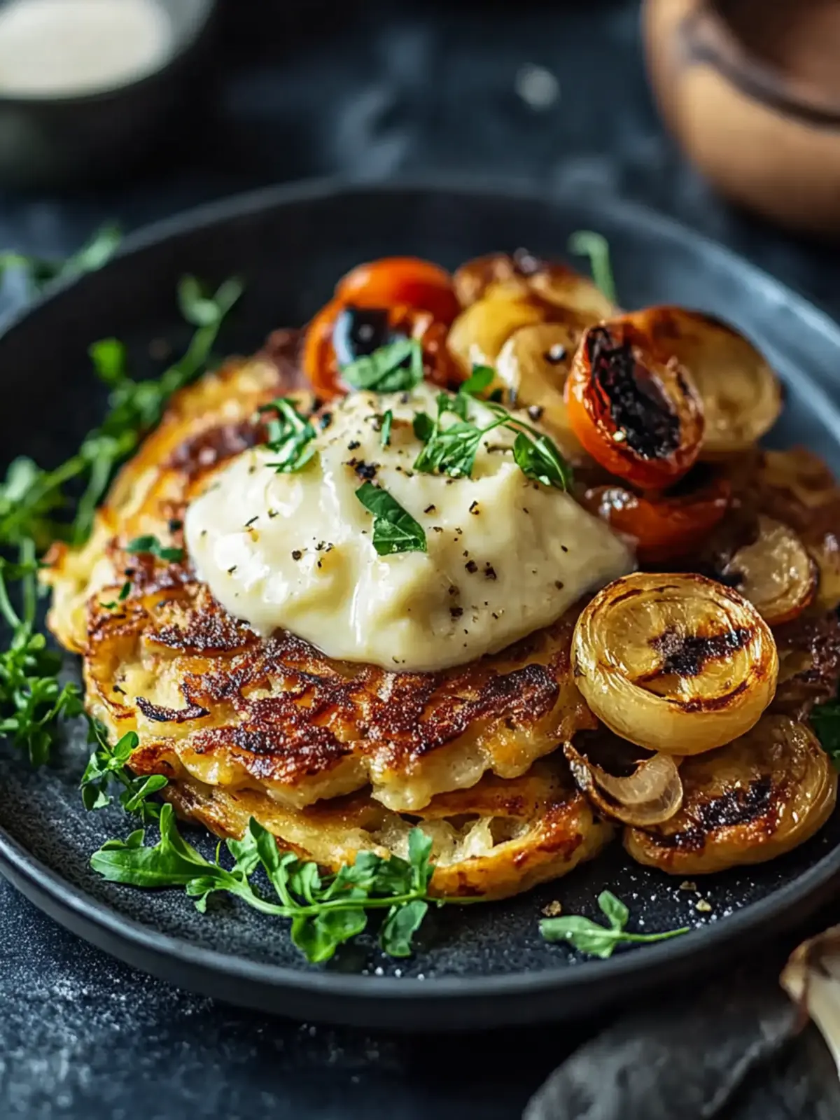 Knusprige Mozzarella Rösti mit Zwiebel-Pilzrahmsoße genießen 2 Mozzarella Rösti mit Zwiebel-Pilzrahmsoße